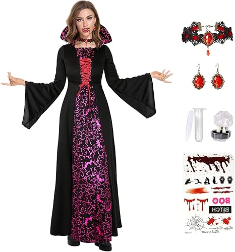 SOOFILM Vampire Costume for Grils and Women, Gothic Vampires Dress Halloween Adult and Kids Vampire Costumes with Accessories