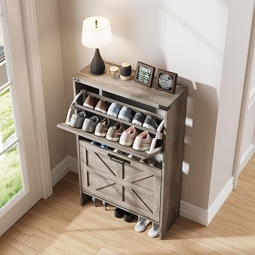 Miniatura 3 de Armario de almacenamiento de zapatos para entrada, armario delgado de casa de campo con 2 cajones abatibles, organizador estrecho e independiente