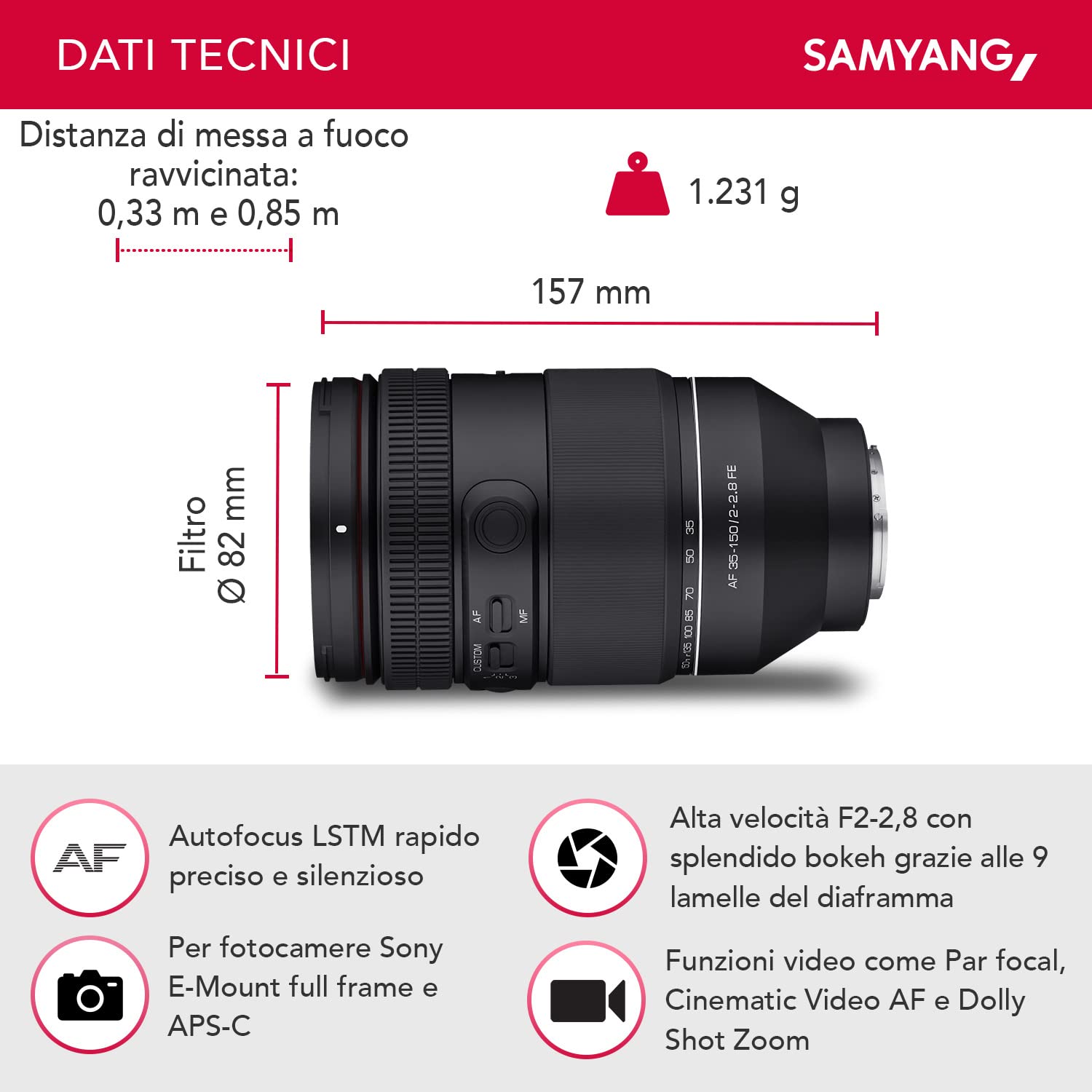 Samyang AF 35-150mm F2.0-2.8 FE per Sony E - Obiettivo zoom all-in-one con focale par, AF video cinematografico, zoom Dolly Shot, interruttore personalizzato, protezione dagli agenti atmosferici