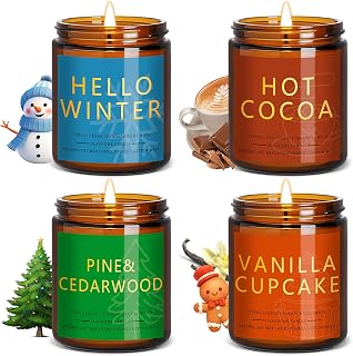 Winter Candle Gift Set, 4 Pack 7 oz Soy Scented Candles for Home, Christmas, Holiday & Birthday Gifts for Women & Men, Includes Hello Winter, Pine & Cedarwood, Hot Cocoa, and Vanilla Cupcake