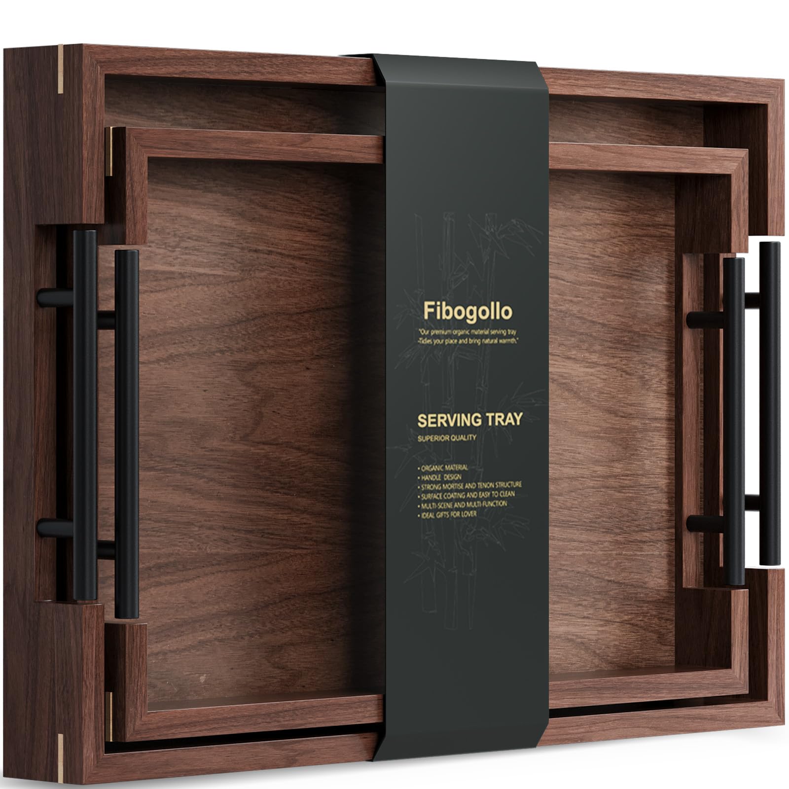 Fibogollo Walnut Wood Set of 2 Serving Tray with Metal Handles,Ottoman Decorative Trays Platter for Coffee Table,Living Room,Bar,Party