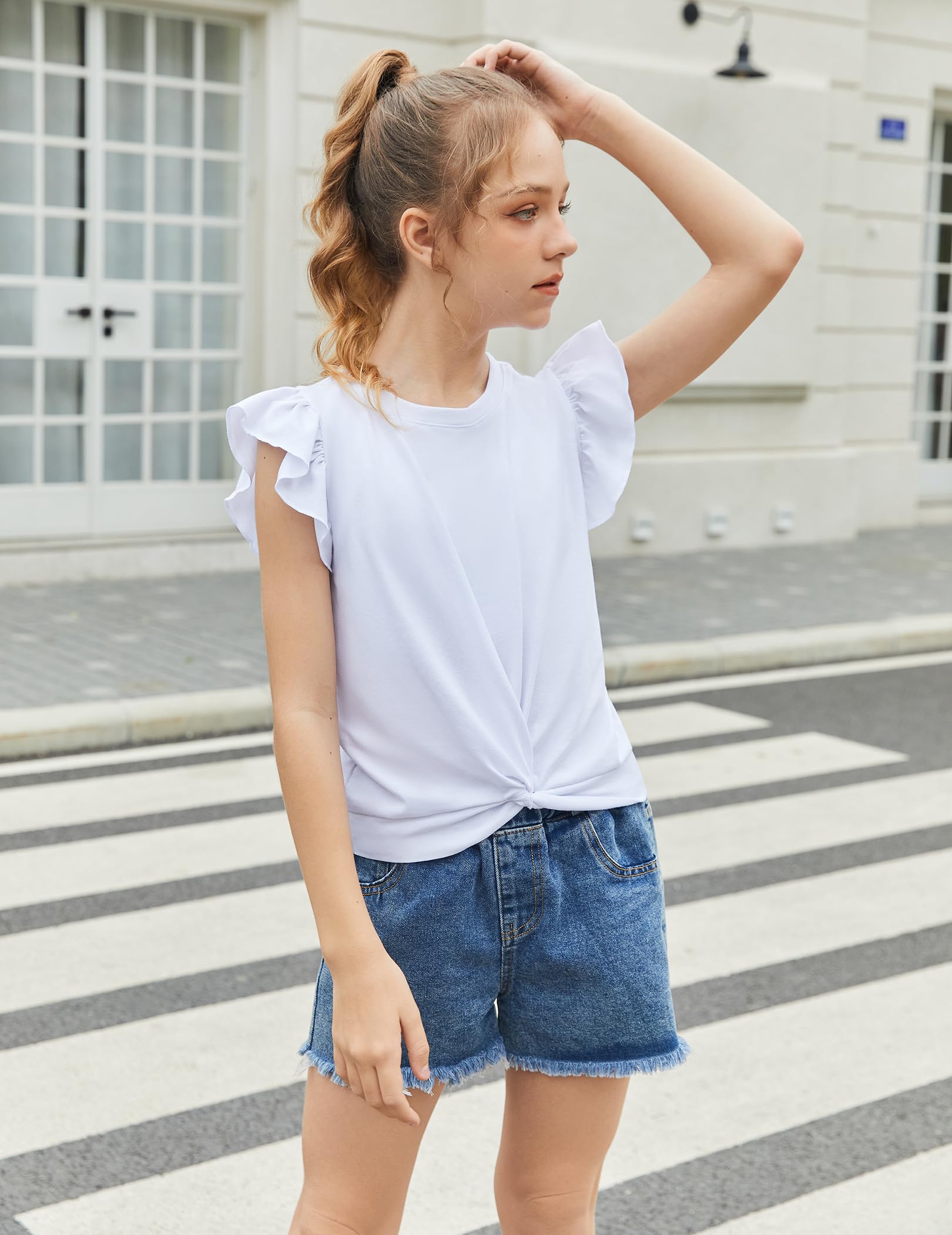 Arshiner niñas 5-12 años Camisa de Manga Corta Twist Front Camiseta para niñas Lindo Vuelo Mangas Verano Blusa para niñas túnica tee Tops