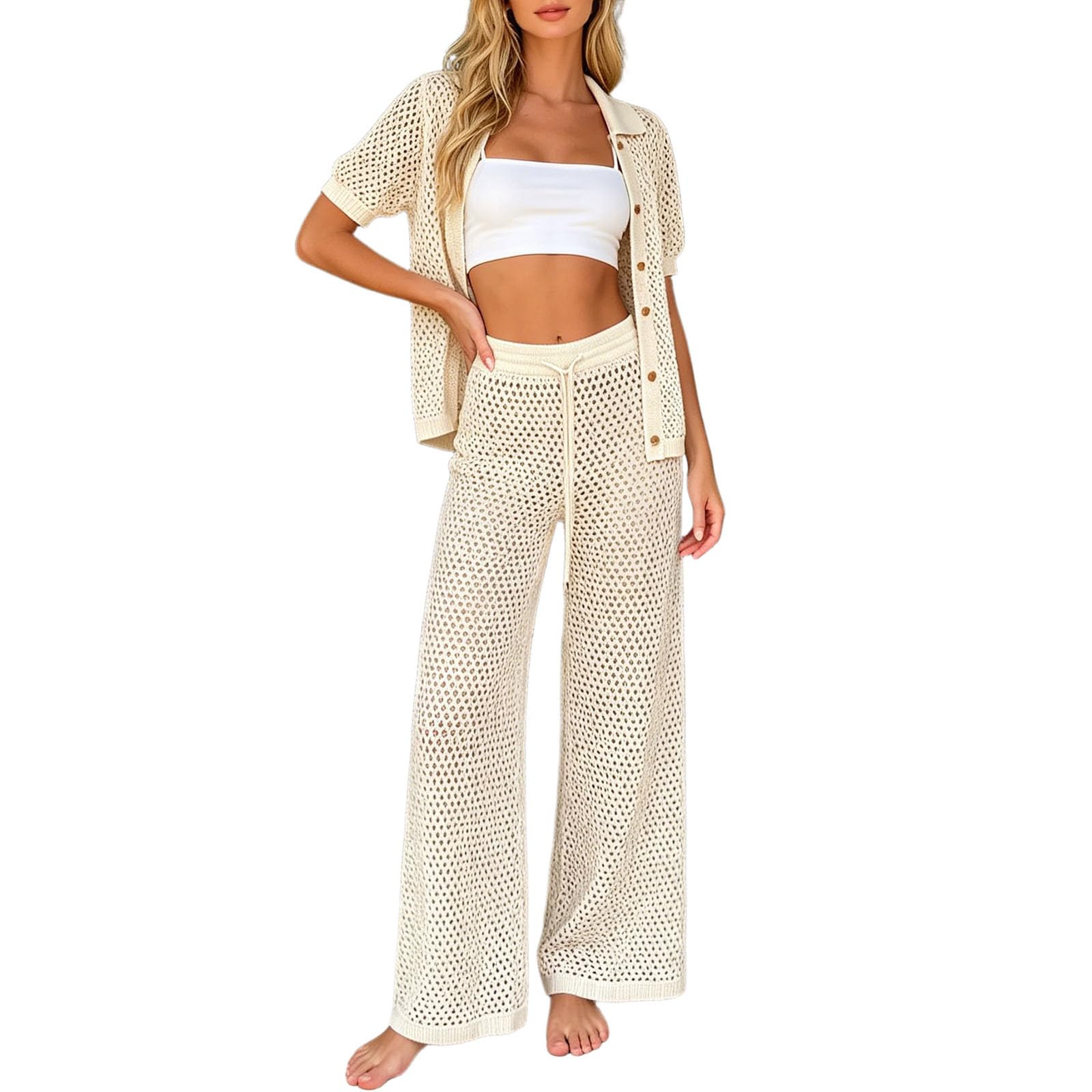 Generico 2026 Tuta top maniche corte con pantaloni lunghi traforati, completo elegante per spiaggia e passeggiate estive donna.