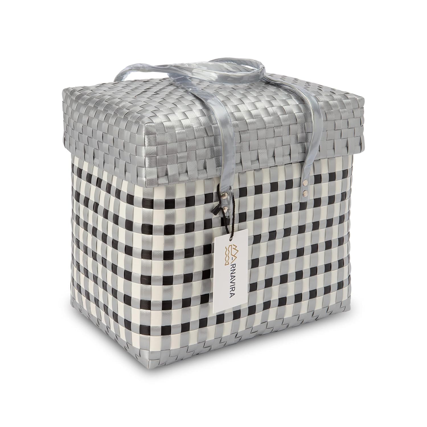 Arnavira Handmade Multipurpose Basket with Lid 4L Used as Mini Basket For Organiser, Makeup Items Storage,Kids Tiffin Basket (X-Small) (18x12x19 cm) (Silver White, X Small)-image-20