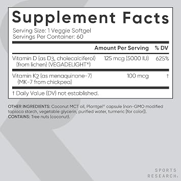 Sports Research Vitamin D3 + K2 w/ Coconut Oil - Vegan Vitamin D 5000iu & Mk7 Vitamin K 100mcg for Bone & Immune Support - Vegan Certified Non-GMO Soy Free - 60 Softgels | Plant-Based Vitamin D 5000iu/125mcg & Soy-Free Vitamin K 100mcg for Bone & Immune Support - Vegan Certified & Non-GMO Verifed