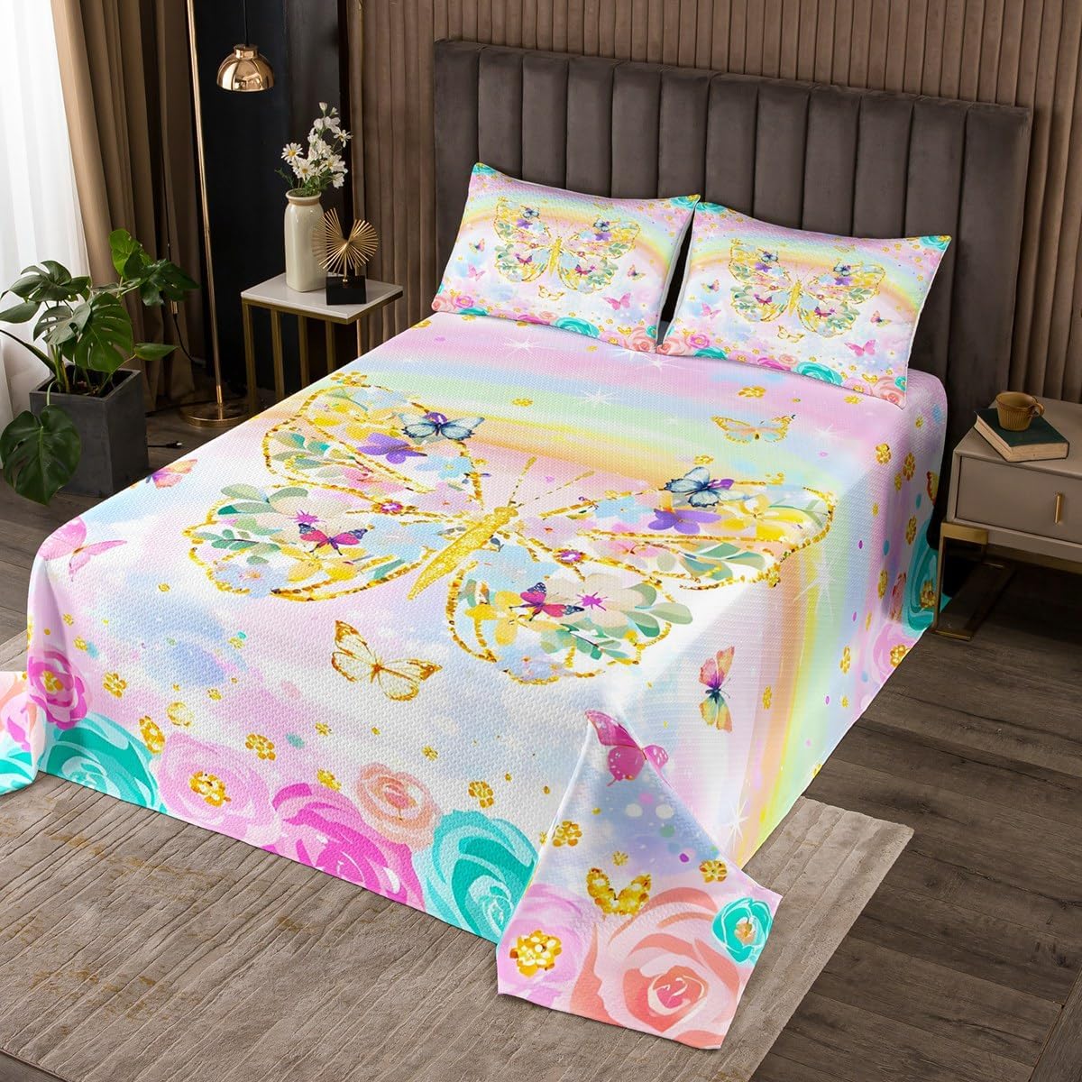 3 Piece Magical Girl Quilt Bedding Set Women Aldult Lightweight Bedding Flower and Butterfly Bedspread Set Watercolor Art Bedspread Coverlet Soft Microfiber Home Quilt Set for King Bed All Season