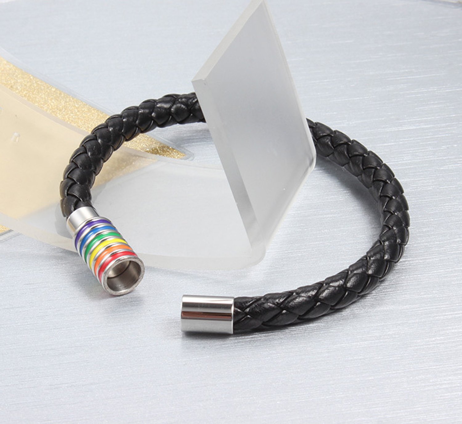 Nanafast Titanium Stainless Steel Rainbow LGBT Pride Bracelet Handmade Braided LGBTQ Pride Bracelets PU Leather Weave Plaited Wristband Jewelry