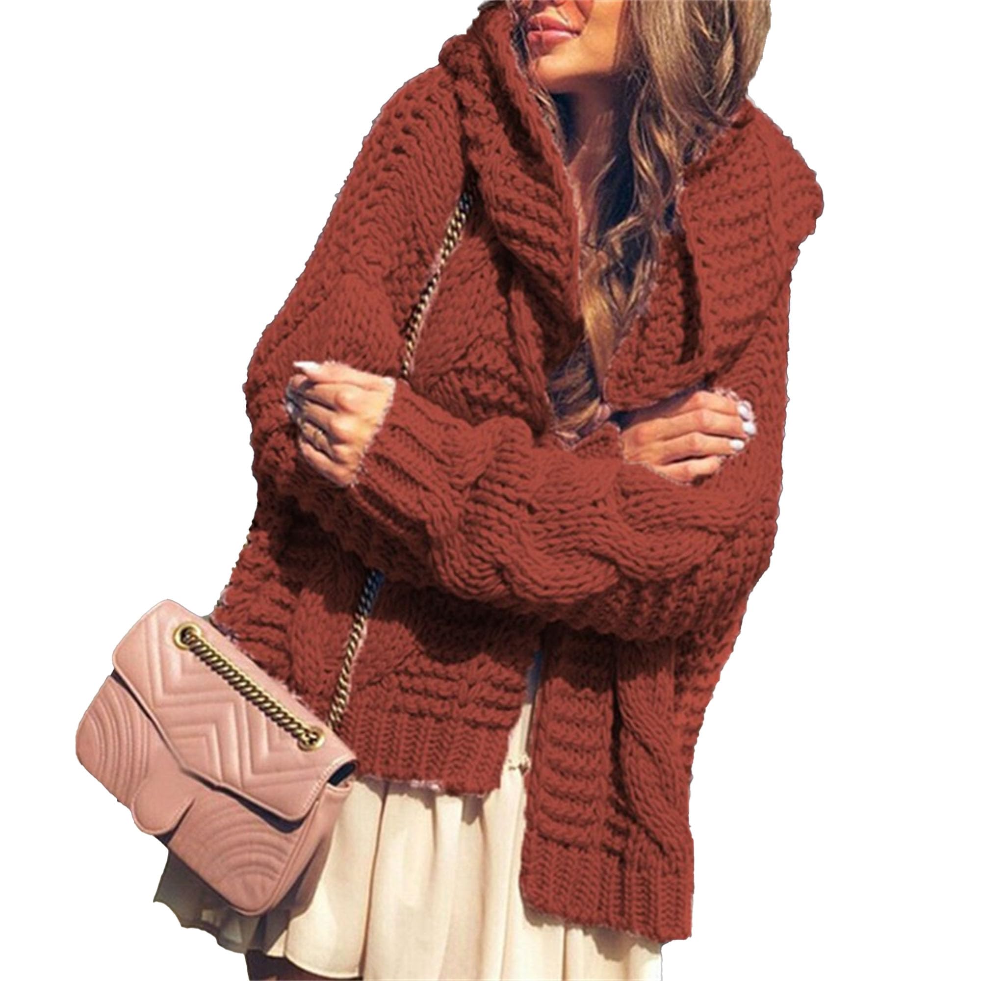 Women Open Front Long Sleeve Hooded Casual V Neck Solid Color Tops Lightweight Knit Cardigan Sweaters Outwear Coat (3X-Large,Red)