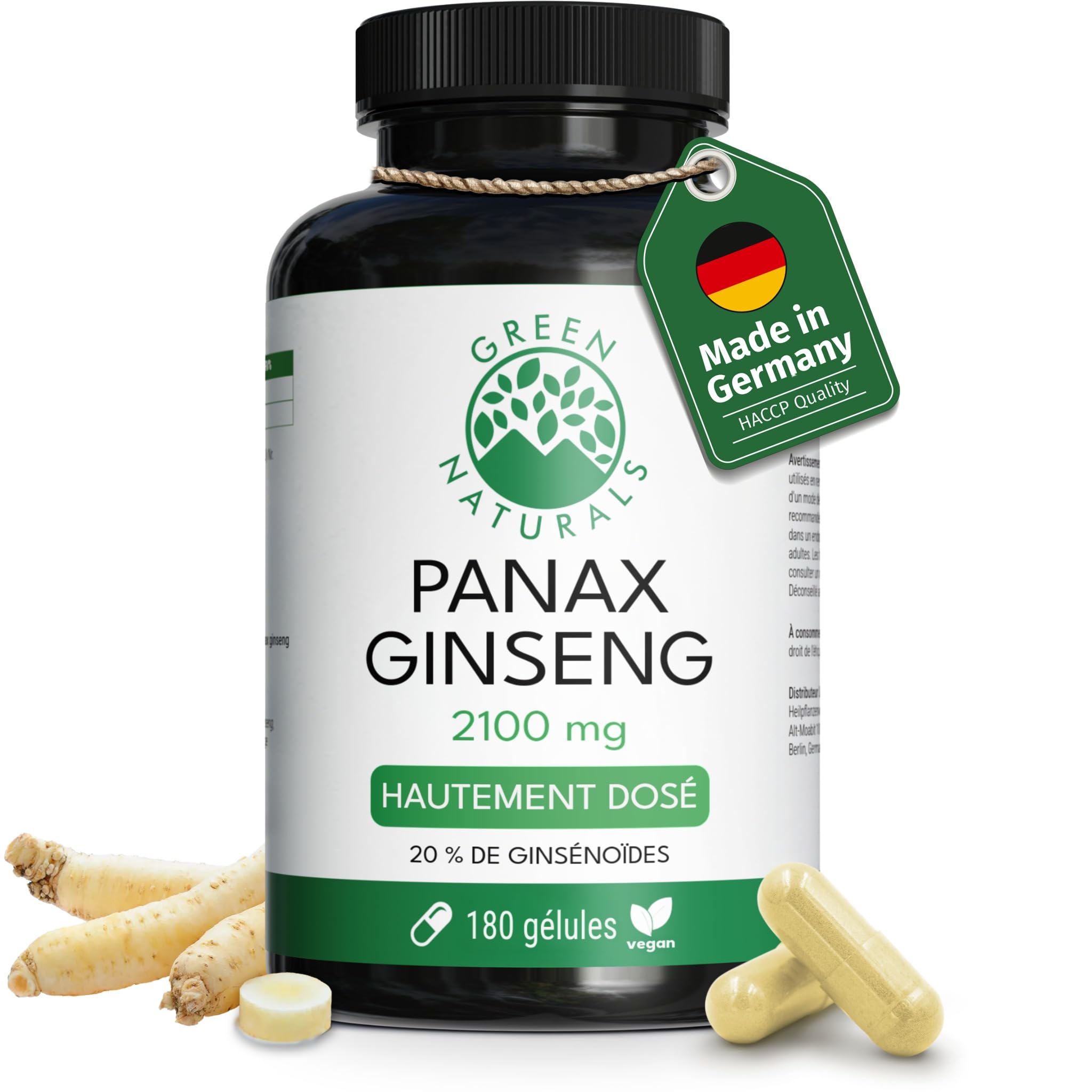 Green Naturals® Panax Ginseng – 2100 mg par dose journalière – 20% Ginsénosides – 180 gélules pour 2 mois – Extrait de racine Panax Ginseng C.A. Meyer