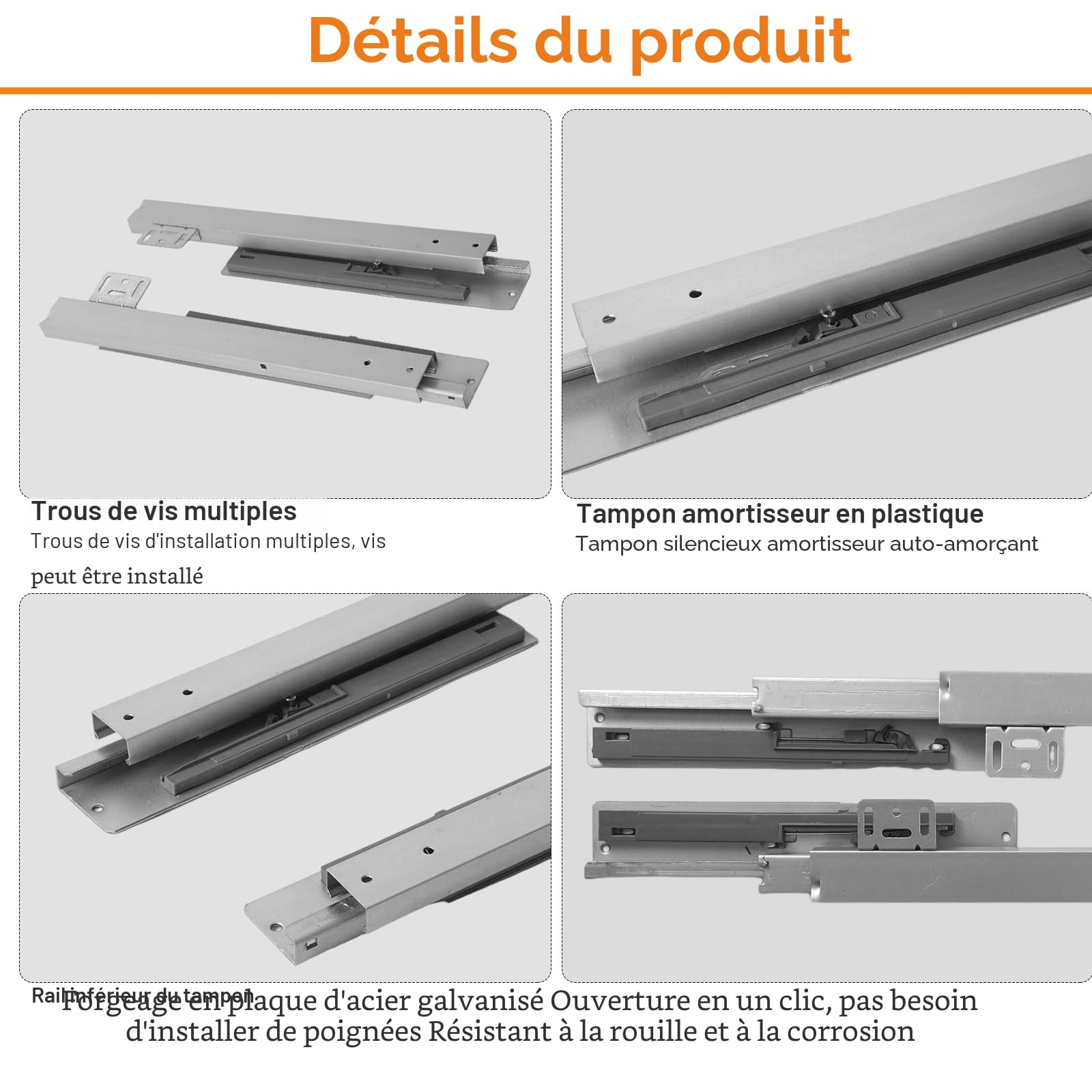 Glissières de tiroir à montage au sol avec extension complète - Capacité de charge 40 kg avec amortissement (50 cm (20 pouces))