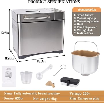 Stainless Steel Bread Machine, 2LB 17-in-1 Bread Maker with Fruit Nut Dispenser, Nonstick Ceramic Pan& Digital Touch Panel, Reserve& Keep Warm Set