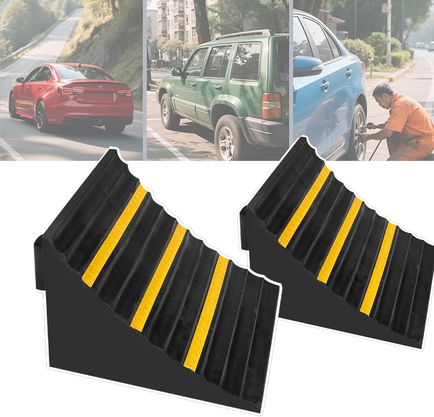 Tire Chocks for Trailer, Heavy-Duty Rubber Wheel Chock with Handle & Reflective Strips, for Camper Cars Trucks, 2 Pack
