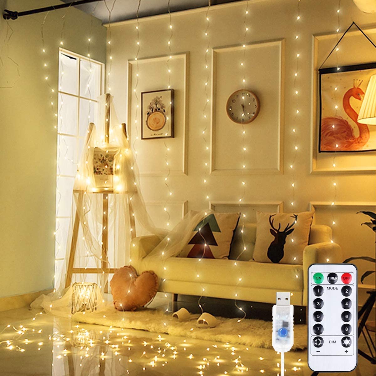 Cortina de Luces 3x3M 300 LED, Anpro Cortina Luces Navidad Christmas Decorations, 8 Modos, Blanca Cálida para Navidad,Decoracion Exteriores