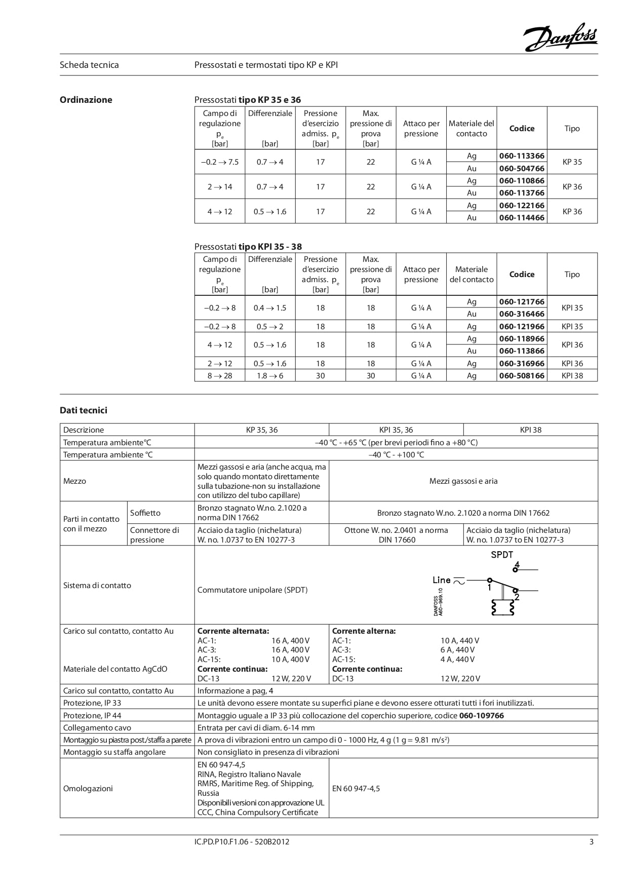 Pressostato KPI35 per Gas e Liquidi Campo di Regolazione -0,2-8 Bar Differenziale 0,4-1,5 Bar Attacco per Pressione 1/4" Maschio Contatto SPDT Codice: 060-121766