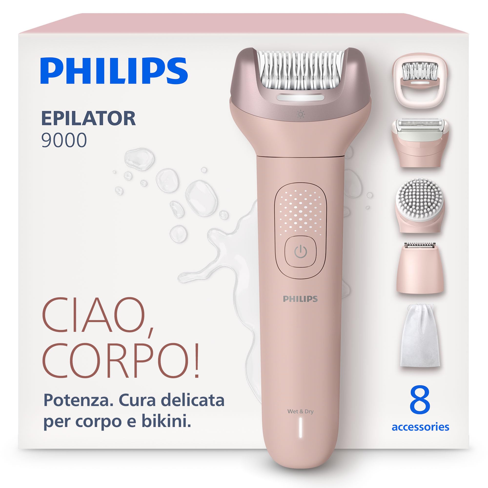 Philips Epilatore Serie 9000 - Epilatore elettrico Wet & Dry senza fili, per gambe, corpo e zona bikini, con ProGuide, 8 accessori, autonomia di 60 minuti, modello BRE719/00