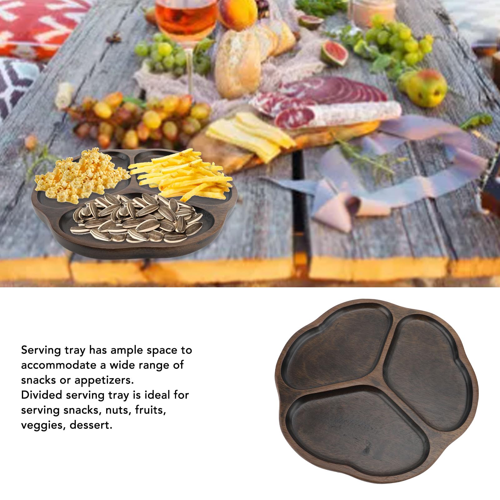 Planche de service divisée en bois – Plateau à frites et à sauce à 3 compartiments pour collations, desserts et réceptions d'invités