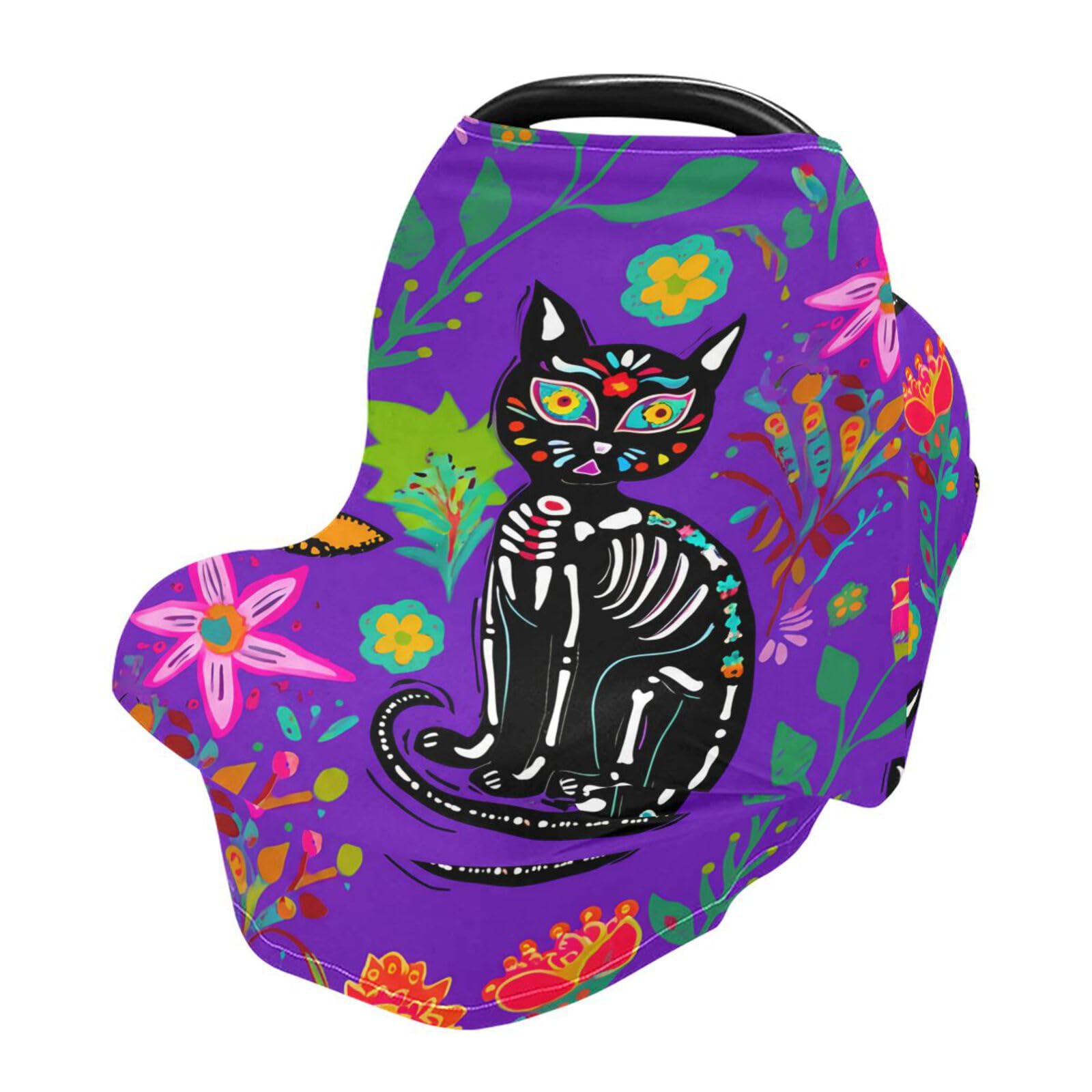 BOESI Baby Car Seat Cover, Breathable Nursing Cover, Soft and Comfortable, Multi-Purpose, for Boys and Girls, Doodle Cat and Flowers