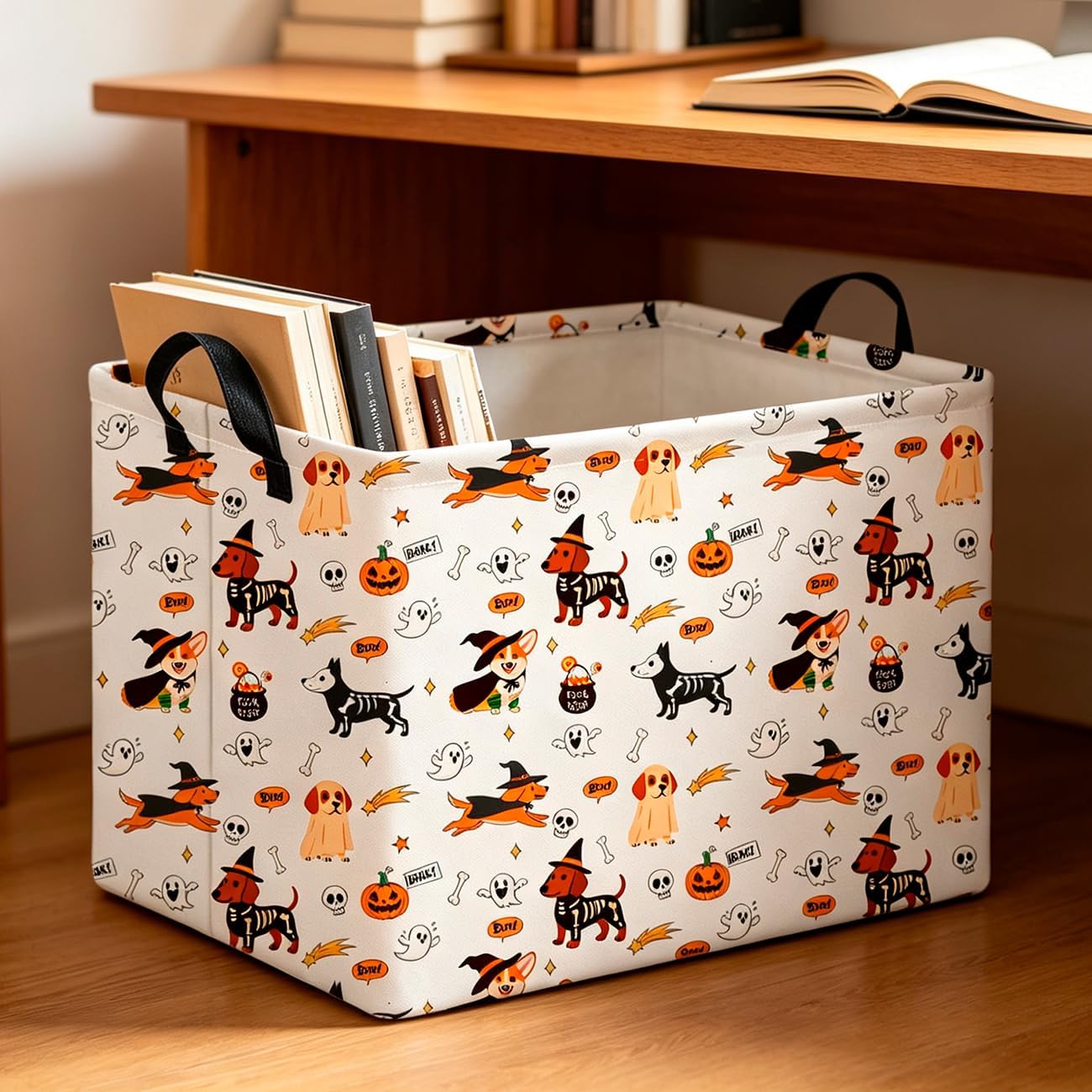 CLOCOR Rectangular Storage Basket,Collapsible Cute Pattern Storage Bin,Waterproof Books Box with Handles,Gift Basket,Room Decor（Dog Ghosts Halloween）