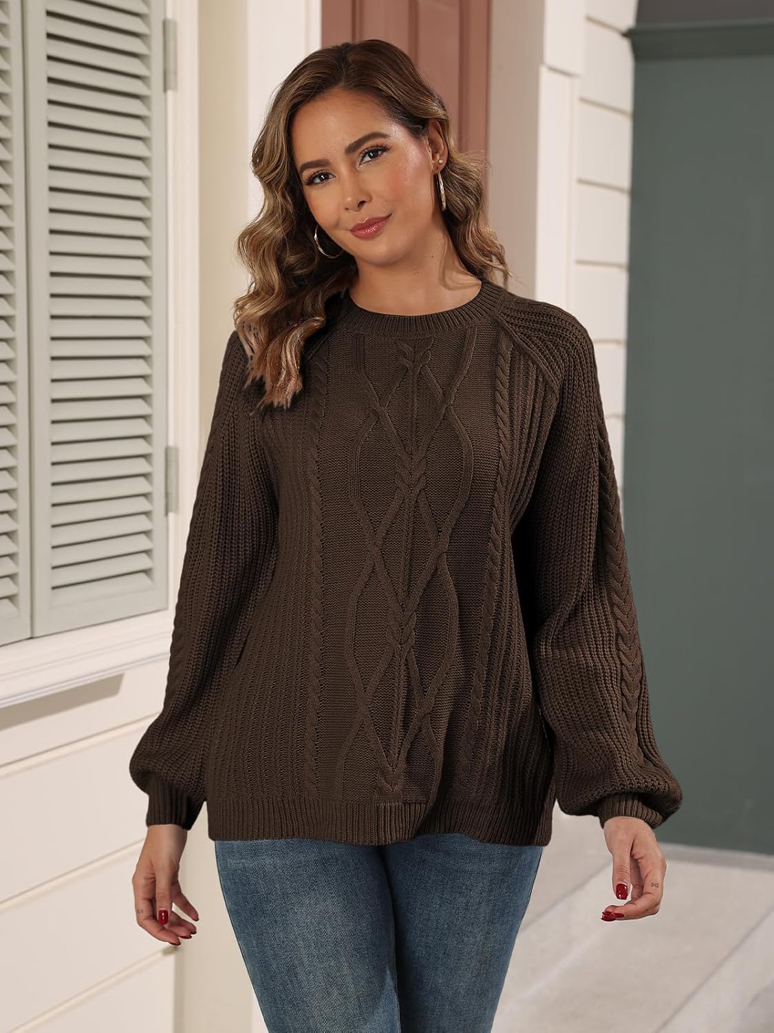 Women's Cable Knit Crewneck Sweaters 2025 Fall Winter Long Sleeve Casual Chunky Knit Sweater Pullover Top S-XL - Image 2