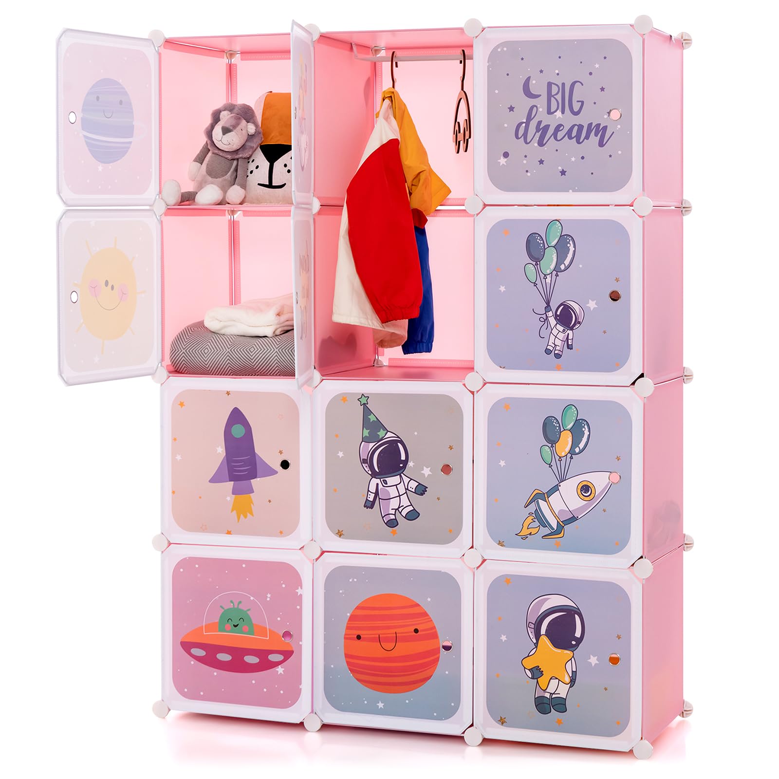 COSTWAY Armario Modular Infantil 12 Cubos 2 Secciones Colgar Estantería Organizador Almacenaje Juguetes 109x37x145 cm Rosa