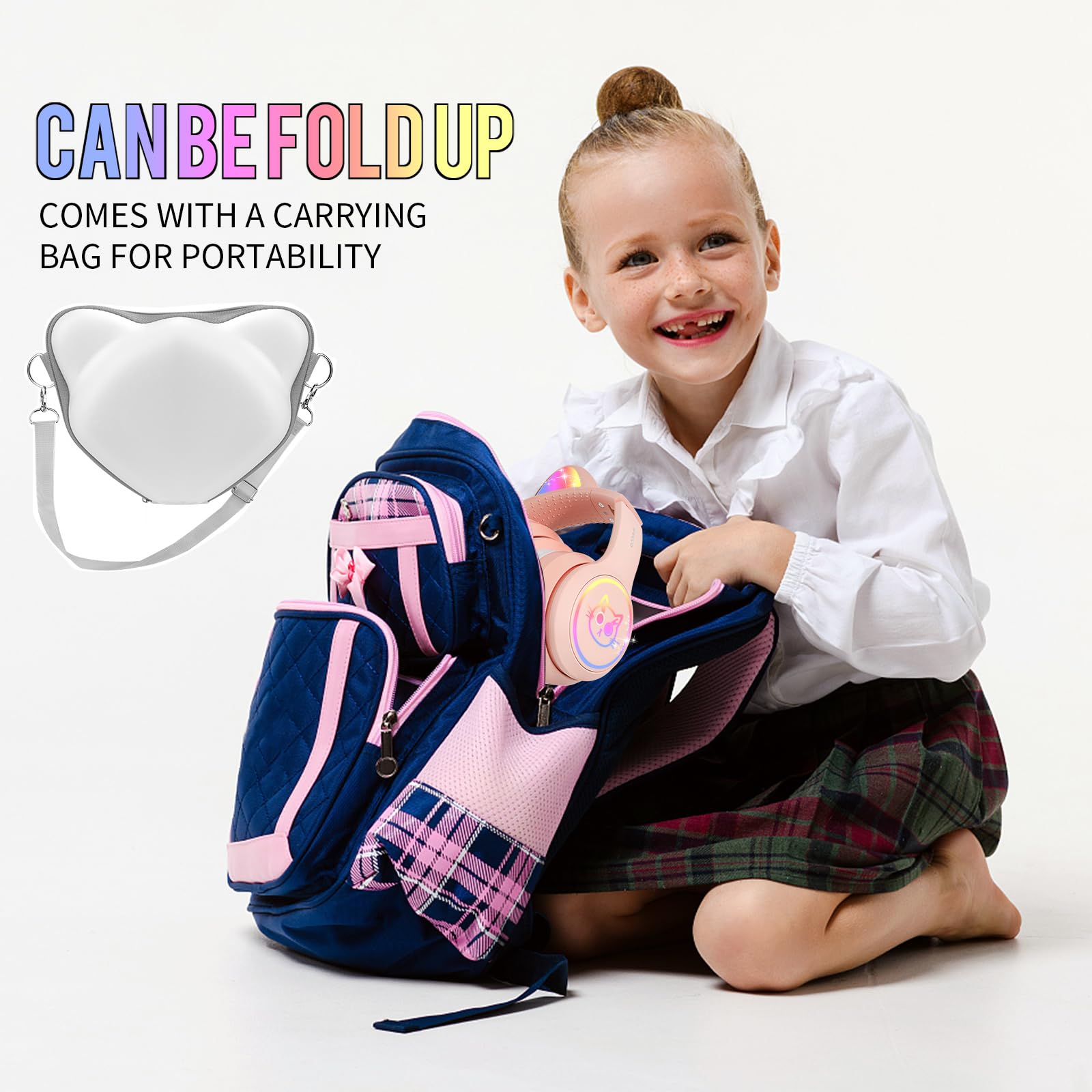 IFECCO Casque Audio Enfant avec Microphone,Casque d'écoute à Lumière LED pour Chat avec étui Casque Bluetooth sans Fil Enfant pour Ecole Tablette Téléphone