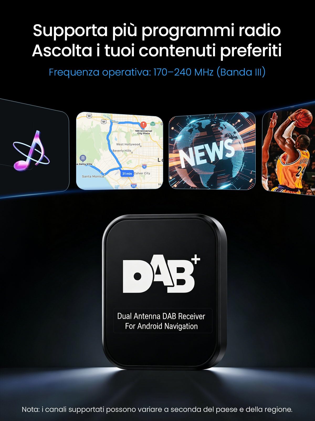 Adattatore Ricevitore DAB+ per Autoradio con Antenna, per Android 5.1+, Sintonizzatore Antenna Radio Digitale con Trasmissione FM, USB (solo per paesi con segnale DAB)