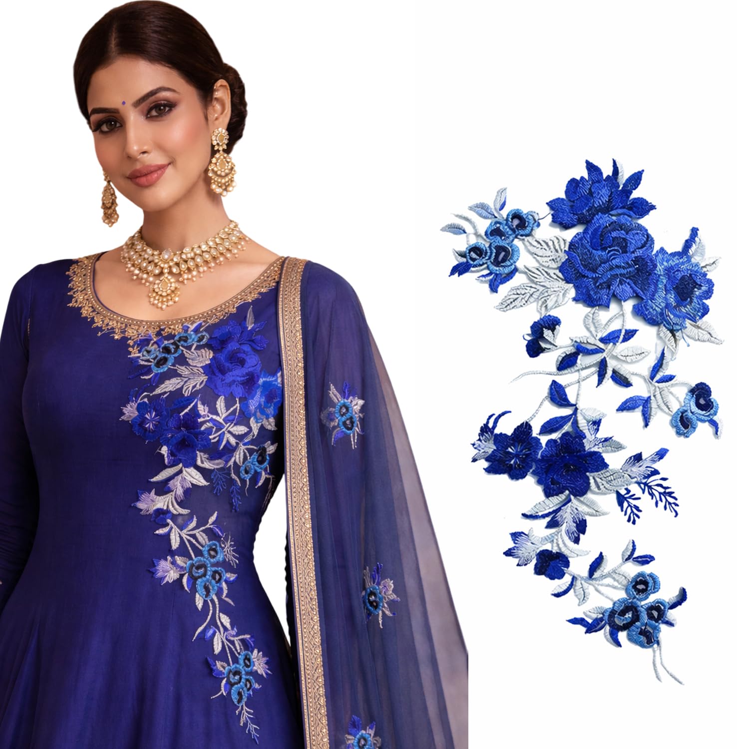 S.A.V.I Royal Blue Floral Lace Applique Patch 21 x 50 cm | Net Fabric Rose Design | Sew-On Embellishment for Saree, Gown, Lehenga & Blouse (Royal Blue)-image-41