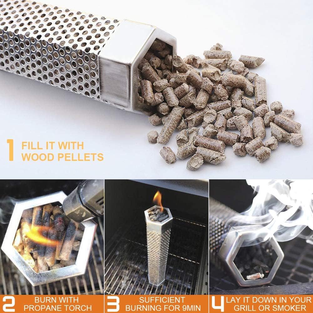 12IN Premium BBQ Rauchrohr für Pellet Grill 5 Stunden schwebenden Rauch, Edelstahl Pellet Raucher Rohr für alle Grill oder Raucher, heißes oder kaltes Rauchen