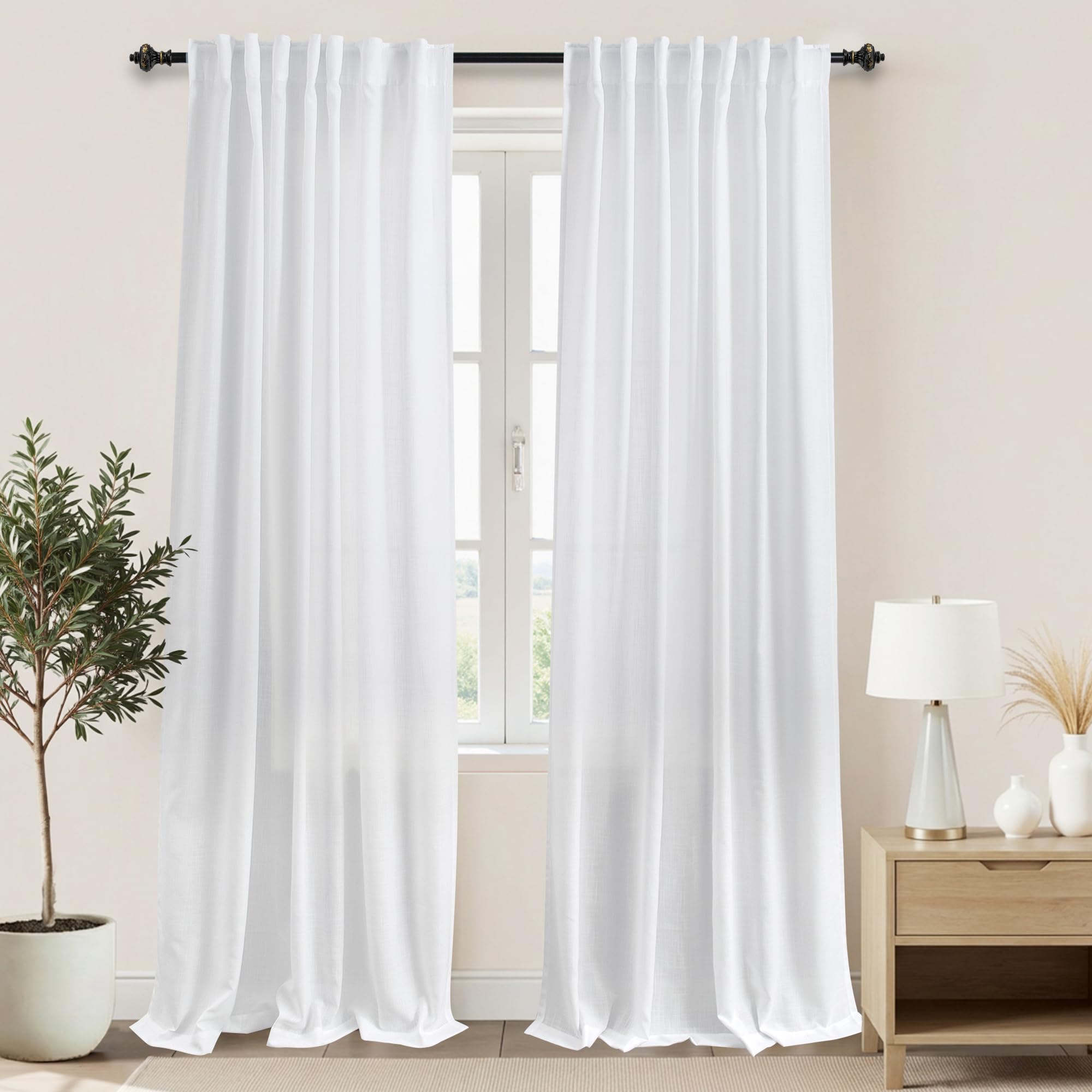 KOUFALL 90 Inch Curtains for Living Room,Sheer White Long Light Filtering Semi Privacy Polyester, Linen Curtain Drapes for Bedroom,90 in Length 2 Panels Set — image 1