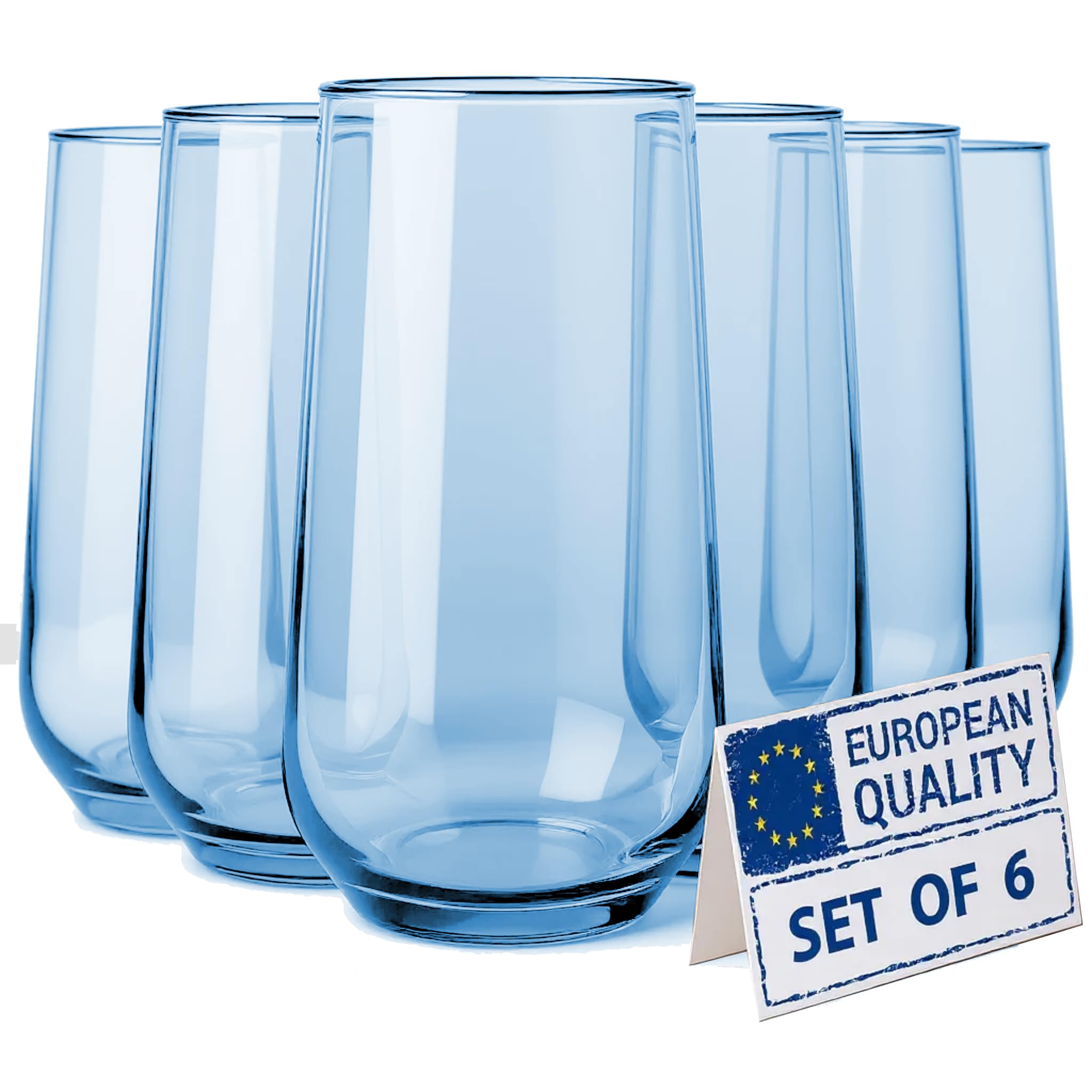 Biandeco Blue Drinking Glasses Set of 6 | 16 oz Blue Glass Cups | Highball Drinkware for Cocktails, Long Drink, Water, Mojito, Juice, Soda