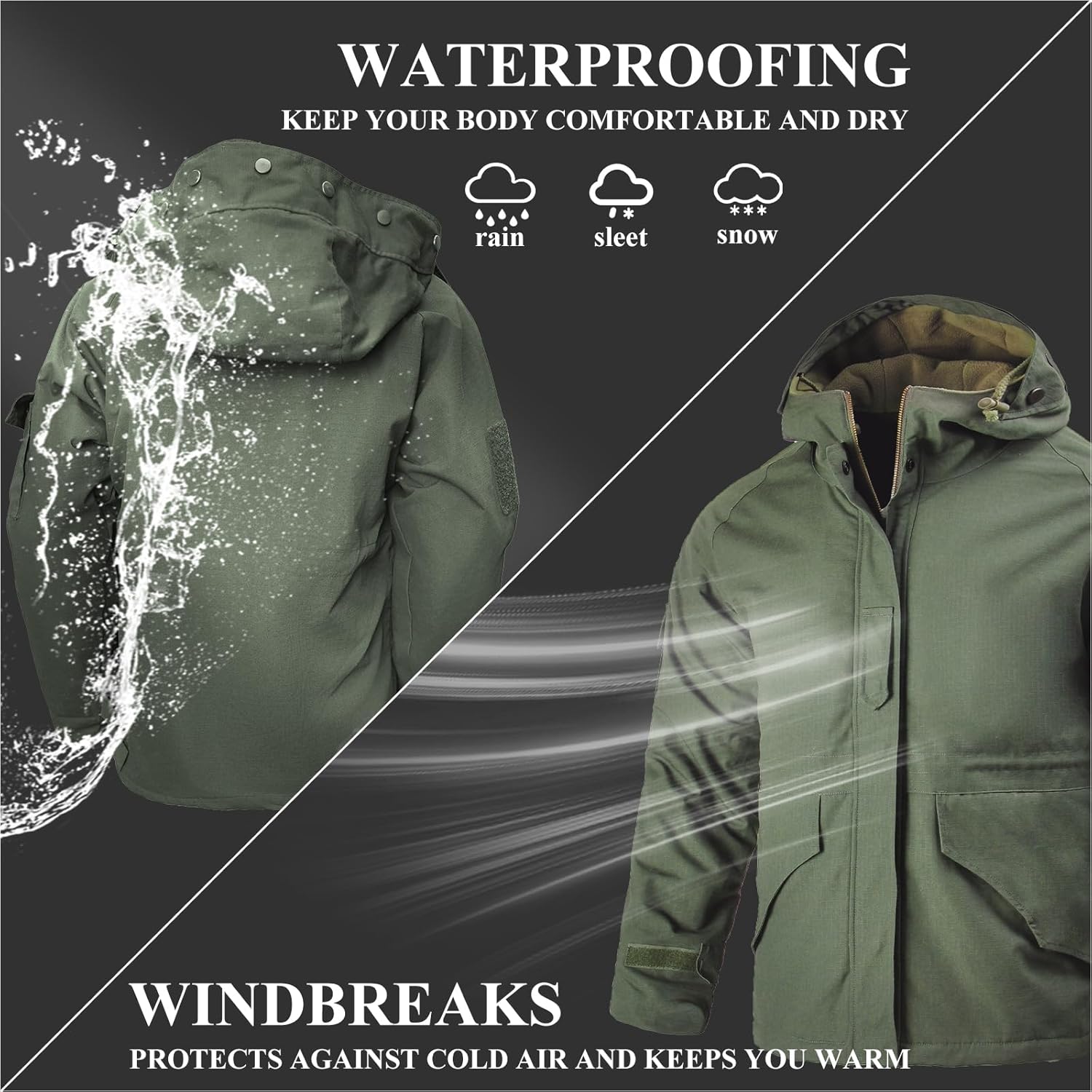 HAN·WILD Men's Military Jacket Tactical Winter Coats Fleece Hooded Outdoor Warm Hiking Soft Shell