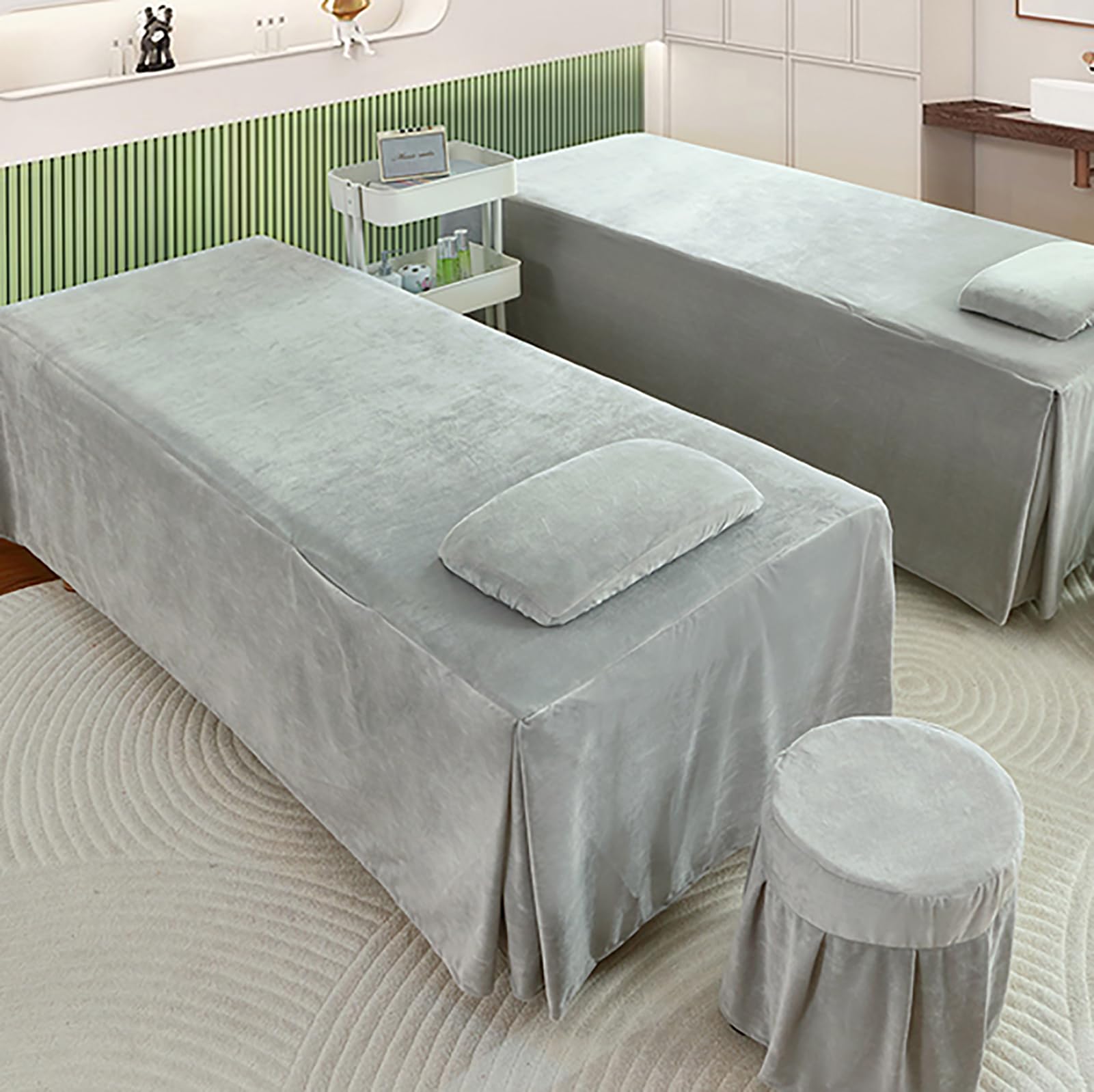 Zestaw pościeli do salonu SPA: czteroczęściowy zestaw: obrus (z spódnicą), pokrowiec na koc, poszewki na poduszki i pokrowce na krzesła, narzuta na łóżko i narzuta do salonu, kolor biały, 70 x 185 cm