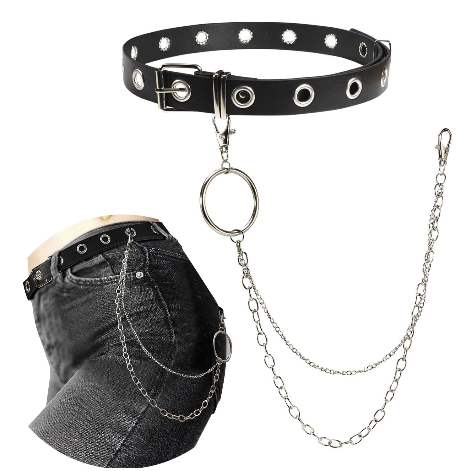 GTVGJHGTVGJH Sliver Chain Belts for Women Punk Style Hip Hop Goth Belt with Chain for Jeans, Pants, Waistband Belt with Chain for Ladies