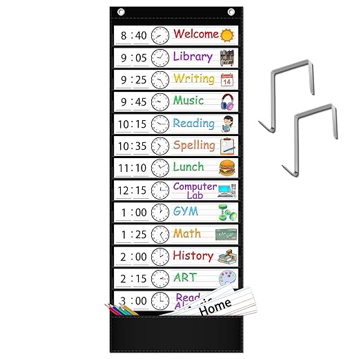 Daily Schedule Pocket Chart, 13+1 Pocket Visual Schedule Chart, 18 Double-Sided Blank Reusable Dry-Eraser Cards, Educational Schedule Charts for Classroom Homeschooling Toddlers-Black