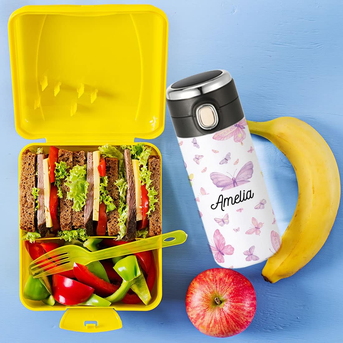 Andaz Press Personalized Butterfly Stainless Steel Water Bottle, 10oz BPA-Free Insulated Tumbler with Leakproof Flip Lid, Custom Name School Cup, Birthday Party Favor Gift, 1-Pack