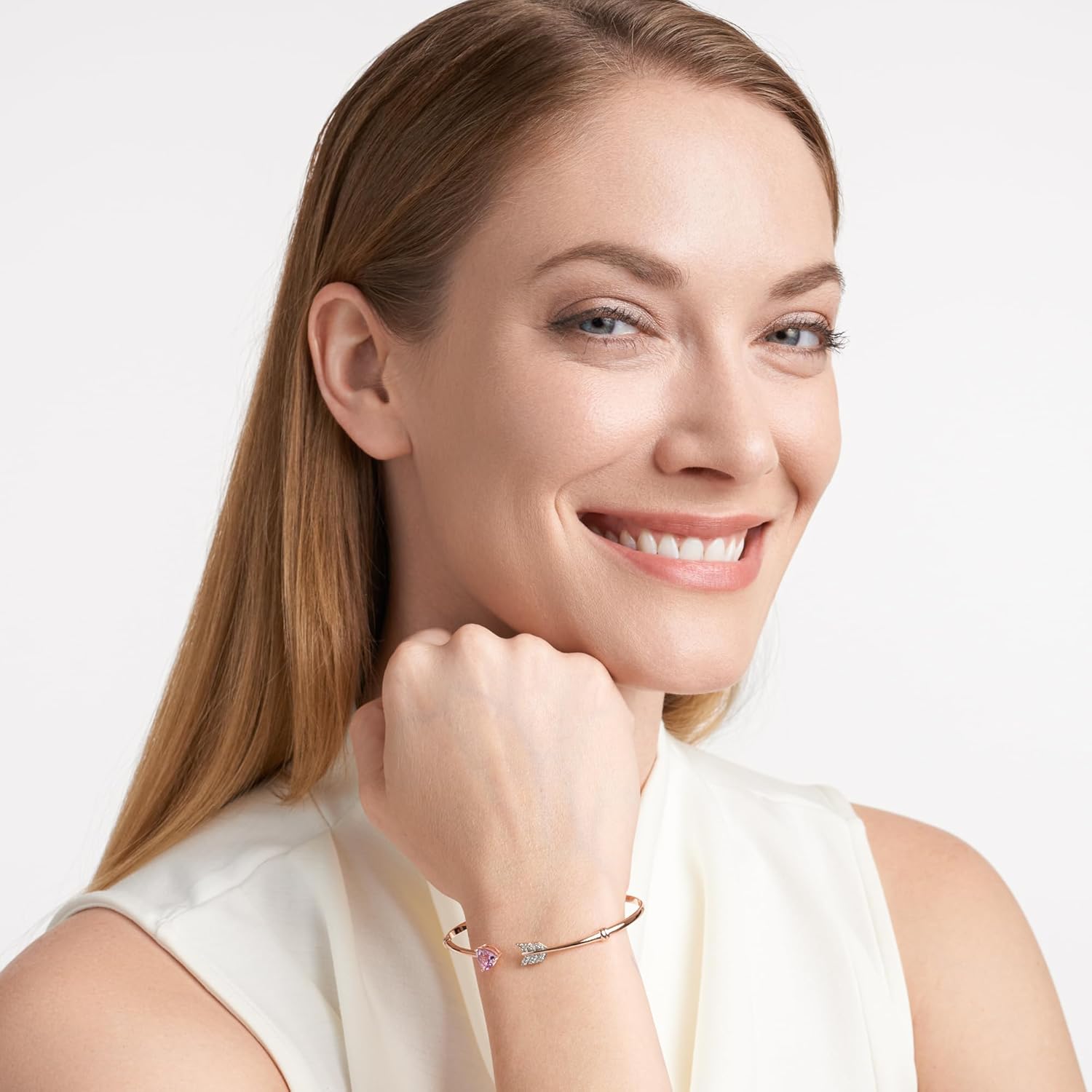 MORGAN & PAIGE .925 Sterling Silver 18k Rose Gold Plated Genuine Pink Amethyst and Created White Sapphire Open Bangle Bracelets for Women Trendy - Elegant Arrow Design Sterling Silver Bracelet 7.25in