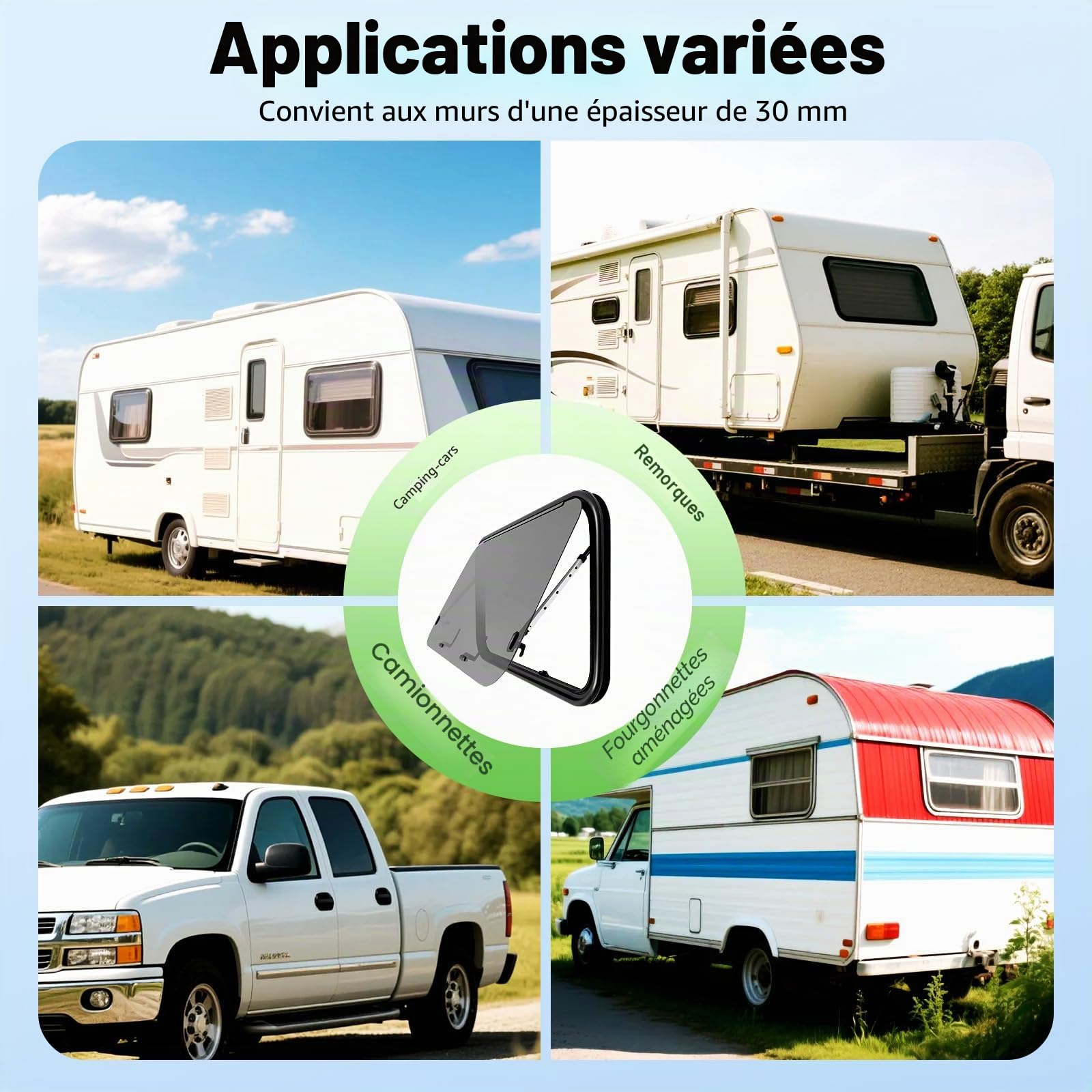 DIFU Fenêtre de caravane - 900 x 550 mm - Certifié ECE 43R - En verre trempé - XL - Avec moustiquaire et store - Protection contre les insectes