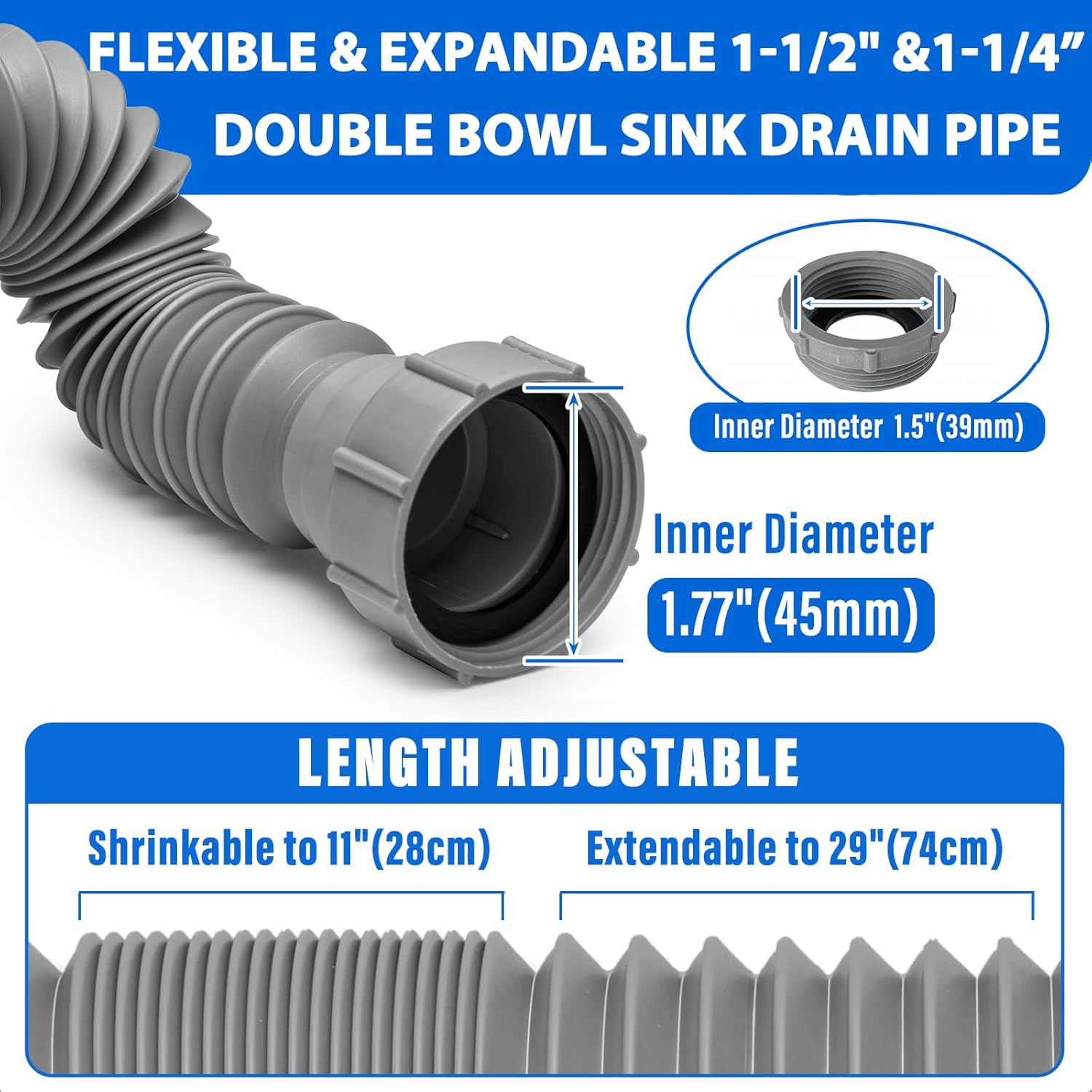Cinsda Double Sink Drain Kit, Flexible Sink Drain Pipe 1-1/2 & 1-1/4 P Trap Fits Sink Bowl Drain, Expandable Plumbing Kit for Kitchen, Bathroom, Gray