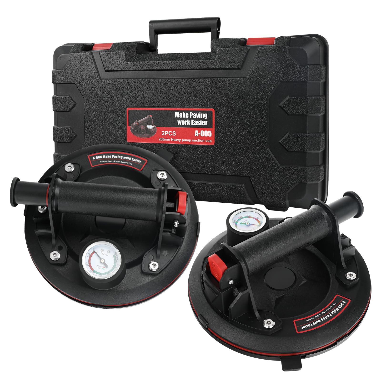 2 Pack 660lbs 8'' Vacuum Suction Cup with Pressure Gauge, Glass Suction Lifter for Granite, Tile, Glass Lifting, Heavy Duty Tile Suction Cup with Handle Lifter,Vacuum Glass Cup, Black