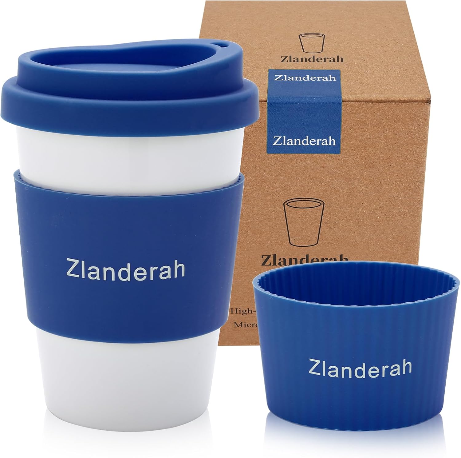 10oz White Ceramic Coffee Travel Mug with Lid and Sleeve, Simple Reusable Porcelain Drinking Cup, Ceramic Coffee Tumbler, Microwave & Dishwasher Safe (blue)