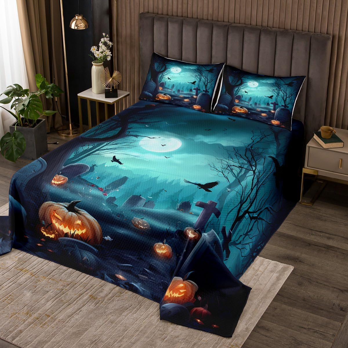 Erosebridal Skeleton Hand Coverlet Set Queen Size Spider Bedding Set for Kids Boys Girls Sugar Skull Spiderweb Chain Quilted Coverlet Mysterious Halloween Theme Quilted