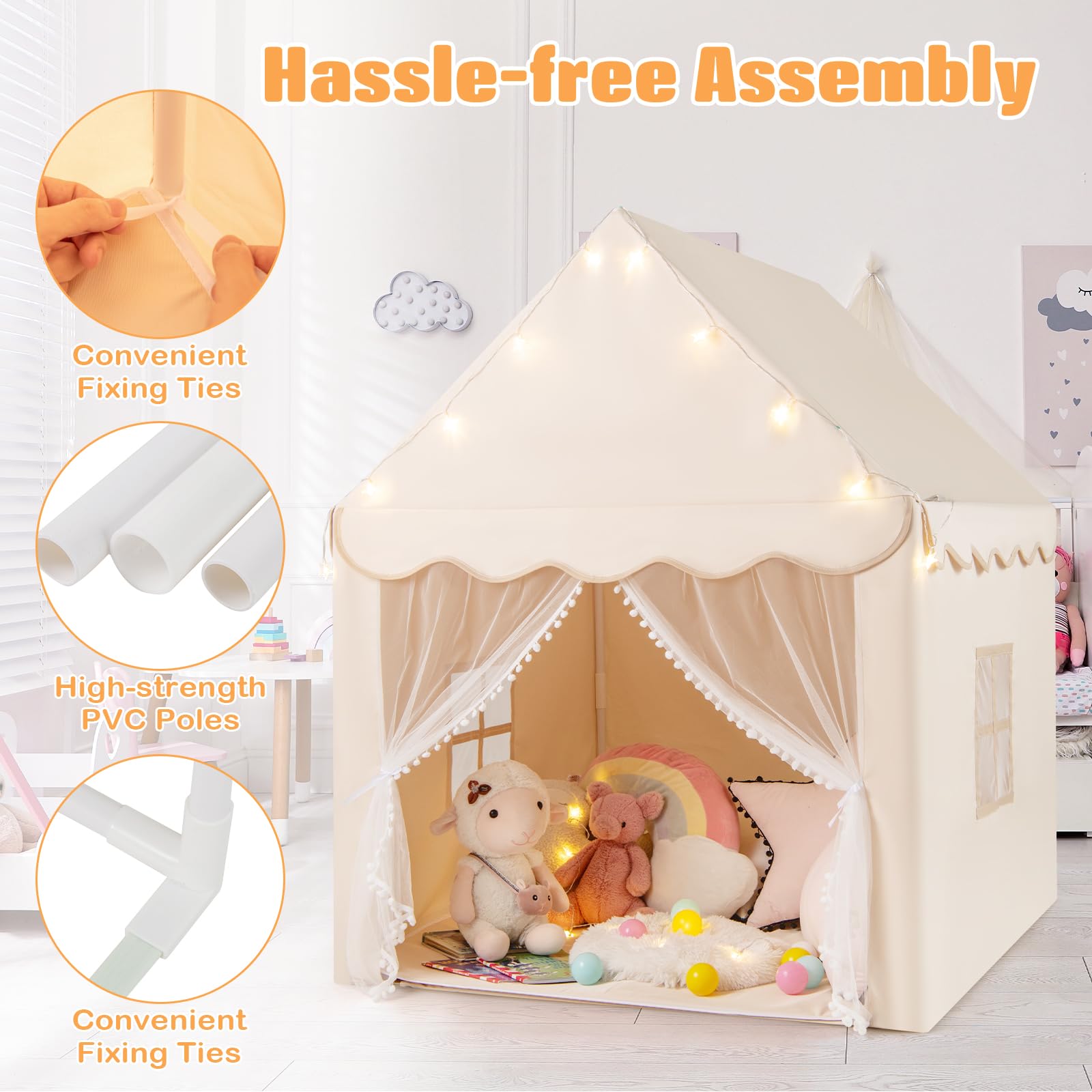 FANTASK Kinderzelt mit Fenstern & Matte, Spielzelt Kinder mit Sternenlichter & doppeltem Vorhang, Kinder Spielhaus für Jungen und Märchen
