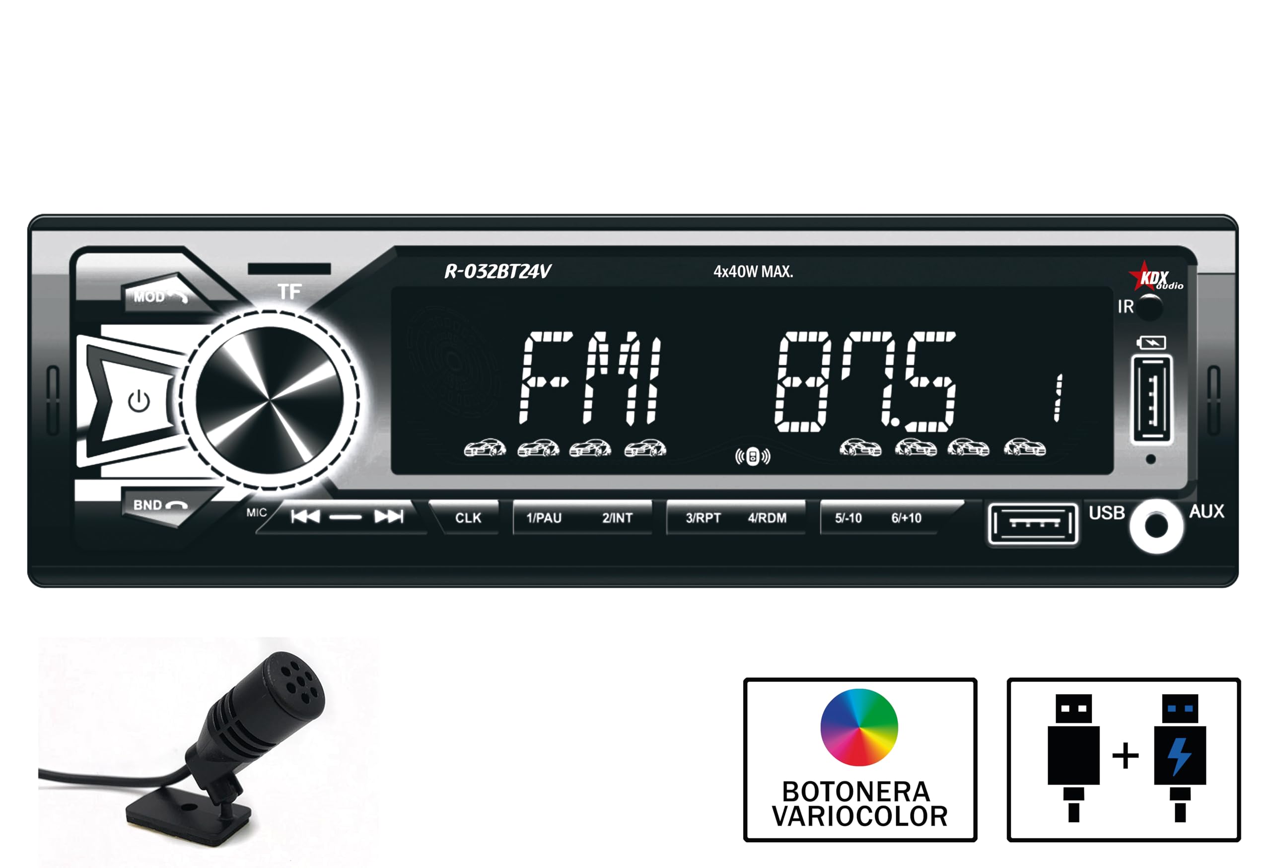 Autoradio para Coche KDX-Audio R-032BT24V. Reproductor MP3/WMA con Bluetooth Manos Libres y Stream de Audio. Iluminación botonera Variable. USB en Panel Frontal con función de Carga y Voltaje 24V