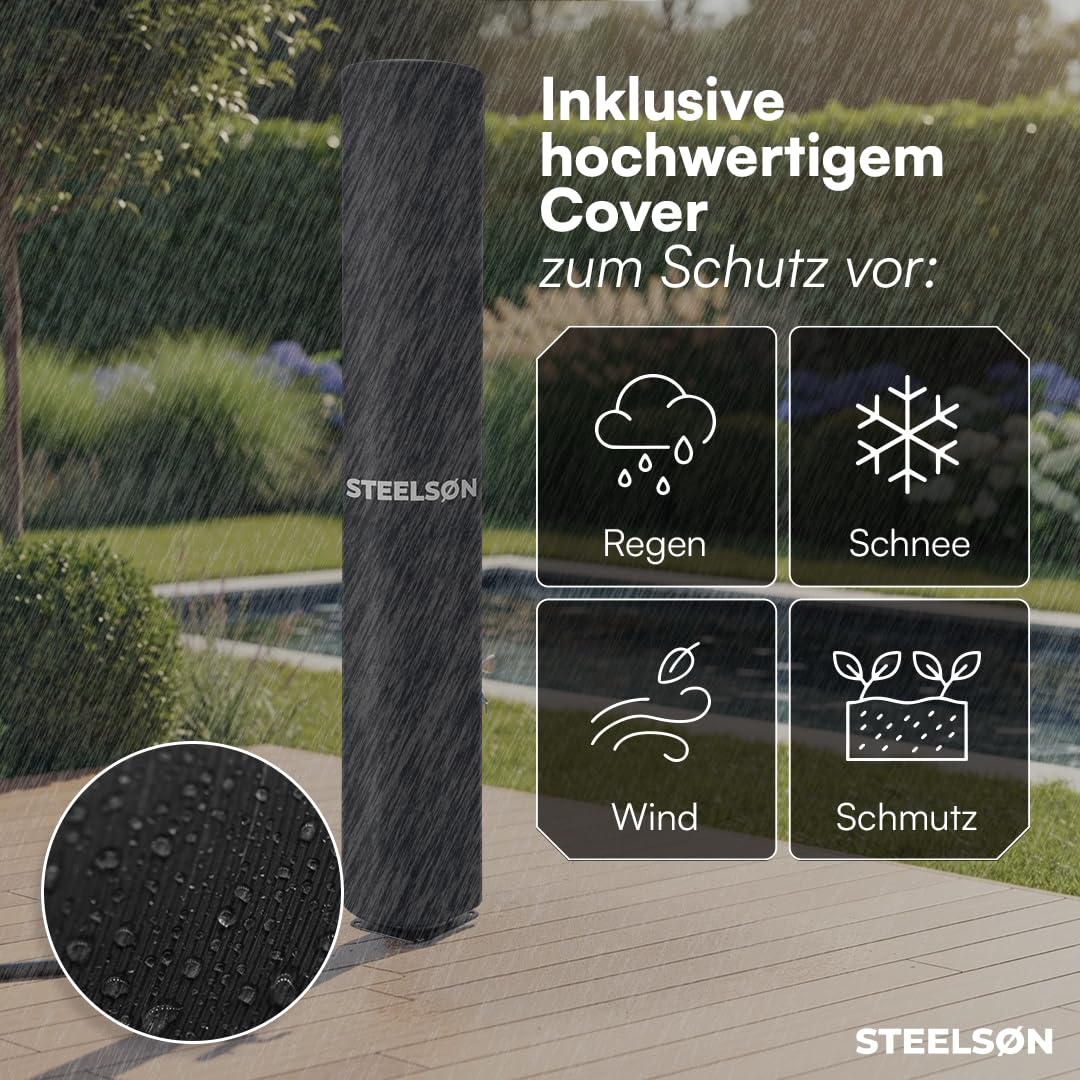 STEELSØN Velion Solardusche Garten 20 L – Solar Gartendusche Winterfest – Außendusche 60° schwarz – Pooldusche mit Fußdusche & Regenduschkopf – Campingdusche inkl. Gartenschlauch-Anschluss & Cover