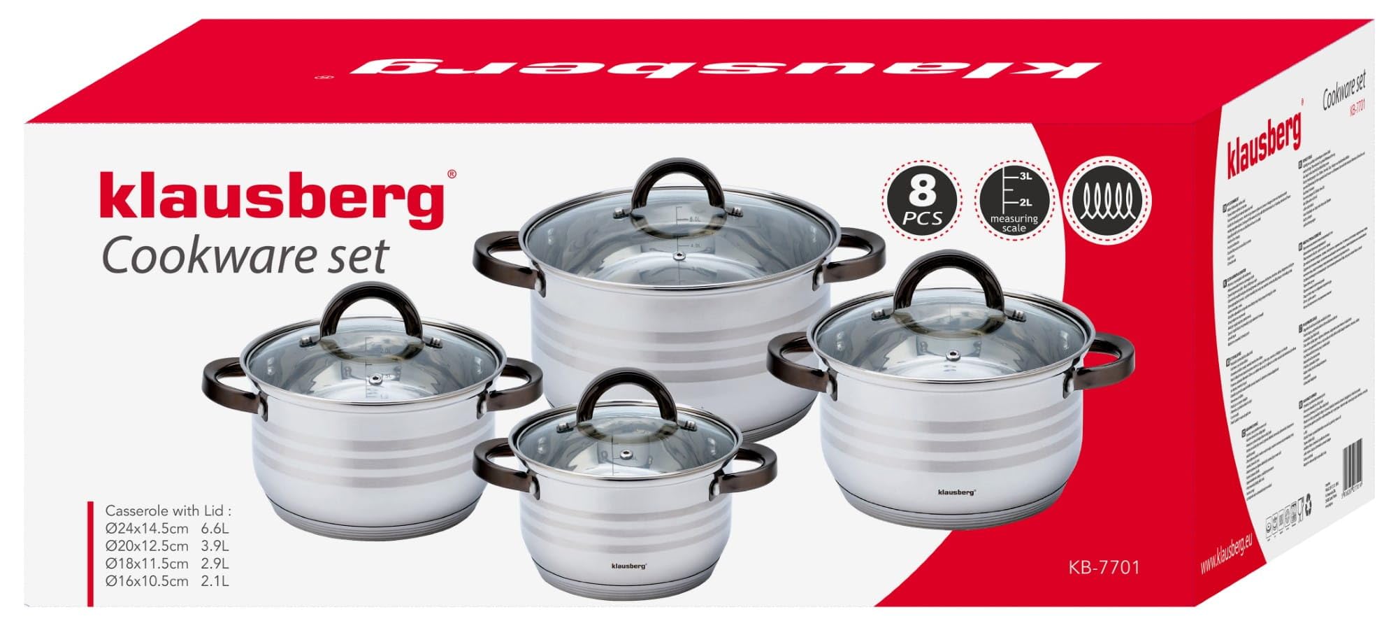 8-teilig Edelstahl Kochtopf Set Topfset mit Glasdeckel Topfe Induktion KLAUSBERG KB-7701