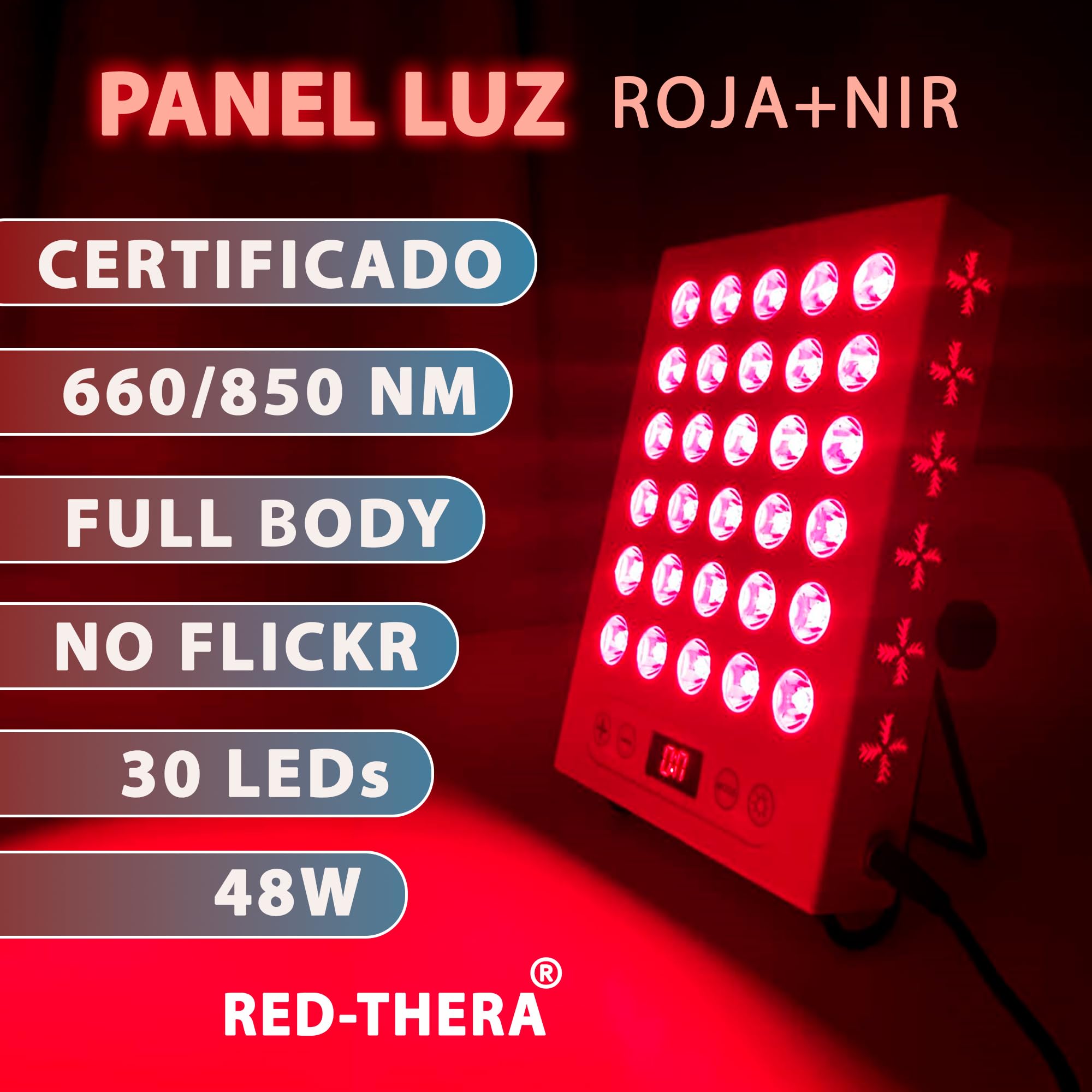Panel Luz Roja e Infrarroja Cuerpo y Rostro (NIR 660nm/850nm) Lámpara luz roja terapia. Rejuvenecimiento piel, ritmos circadianos, musculatura y articulaciones.