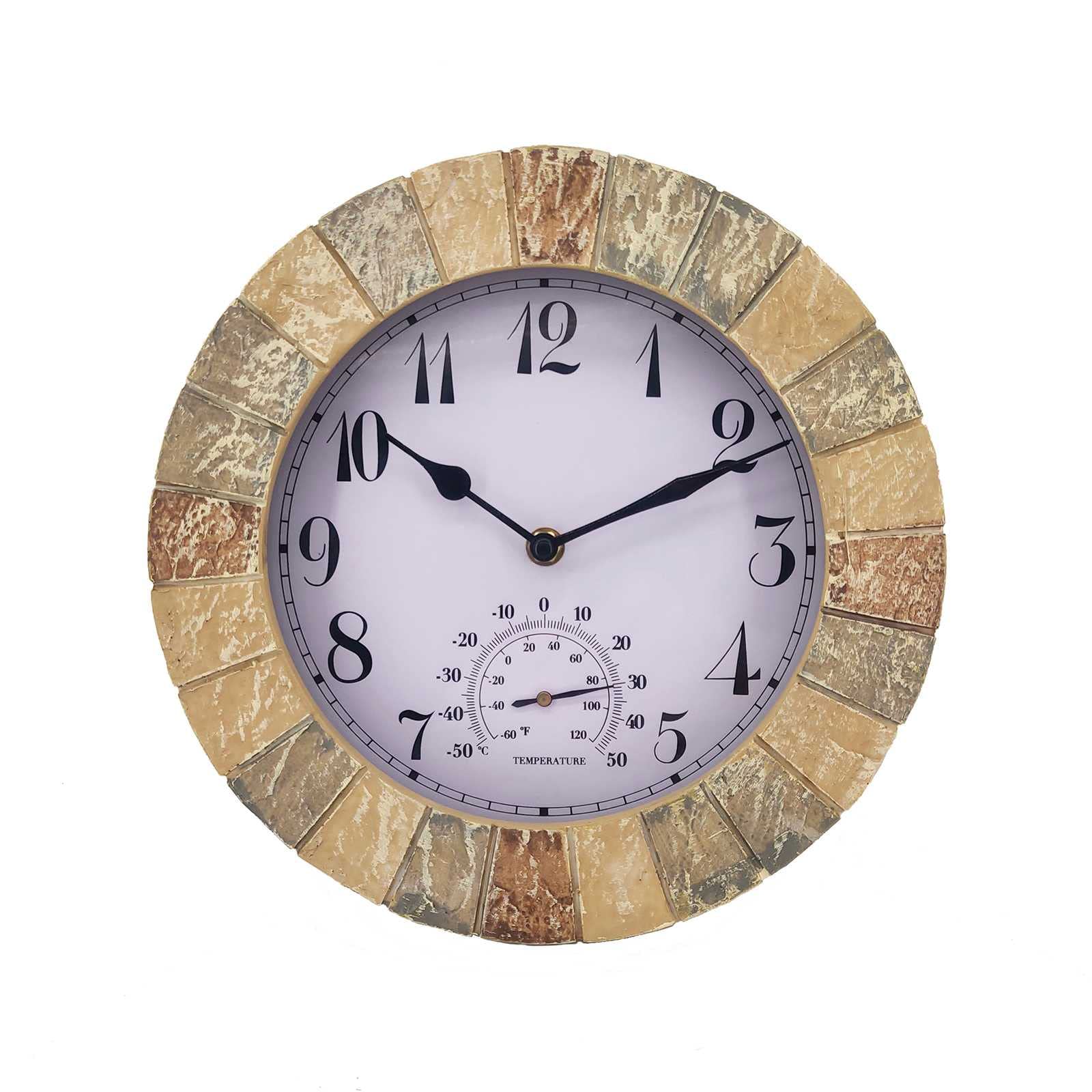 Indoor Outdoor Clock, Slate Effect Garden Wall Clock, 10 Inch Large Waterproof Wall Clocks with Thermometer Silent Non-Ticking Battery Operated Decorative Retro Clock for Room Patio Pool Garden