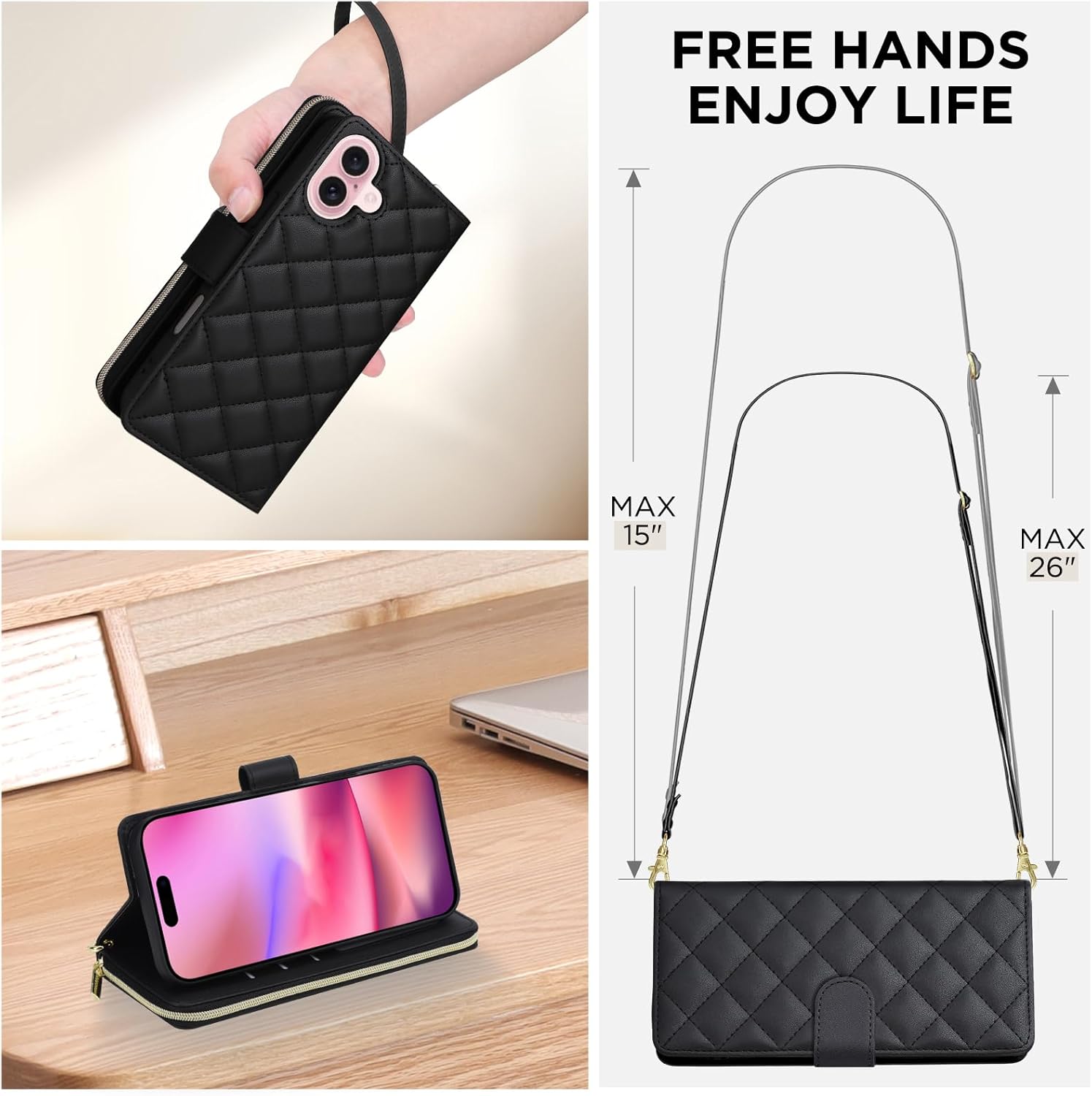 Asuwish Phone Case for iPhone 16 Wallet Cover with Tempered Glass Screen Protector Strap Card Holder Slot Stand PU Leather Flip Cell Magnetic Zipper iPhone16 5G i i-Phone i16 16Case Women Girls Black