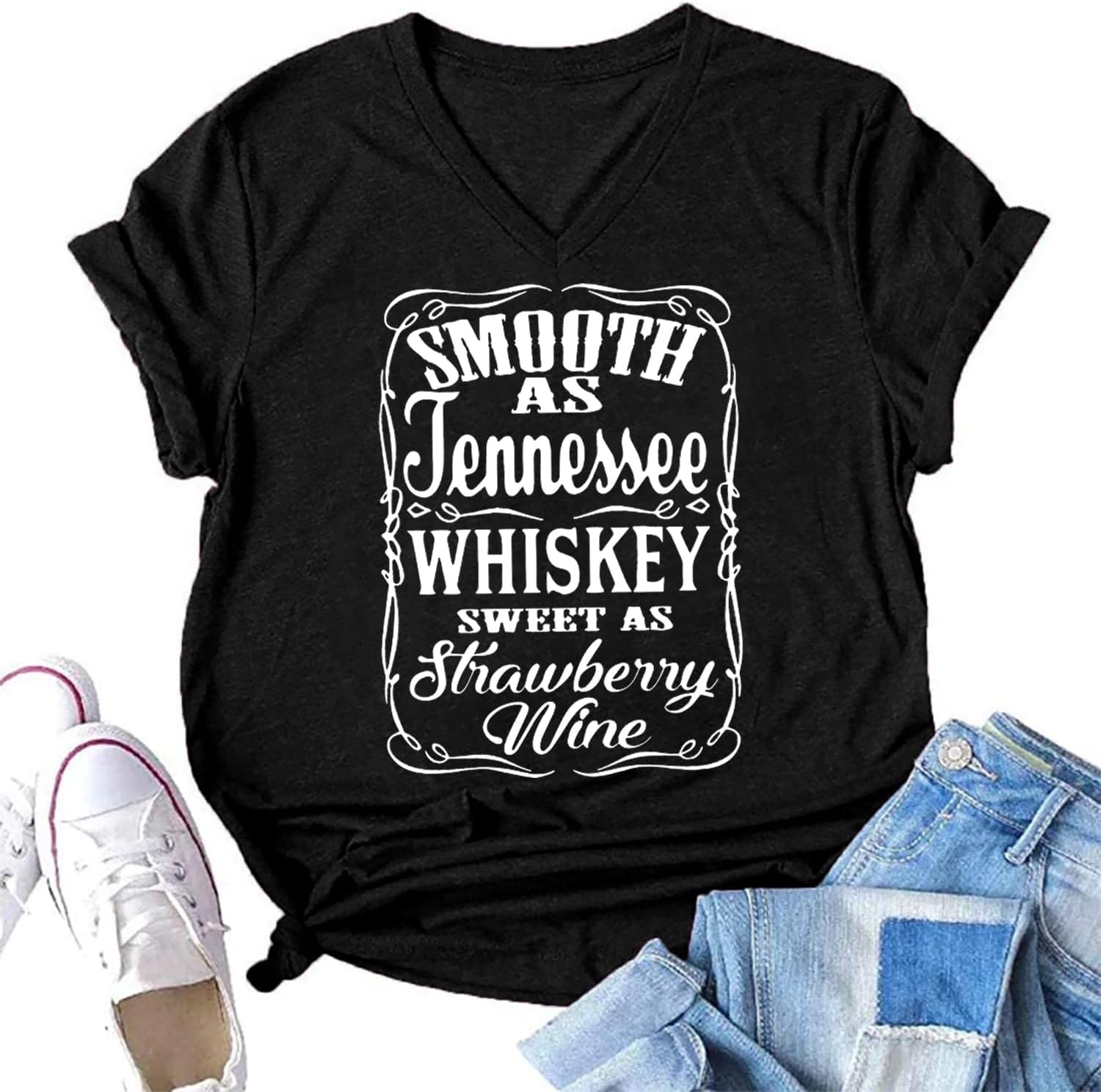 Smooth as Tennessee Whiskey Sweet as Strawberry Wine T Shirt Women V-Neck Country Music Tee Tops Drinking Blouse - Image 2