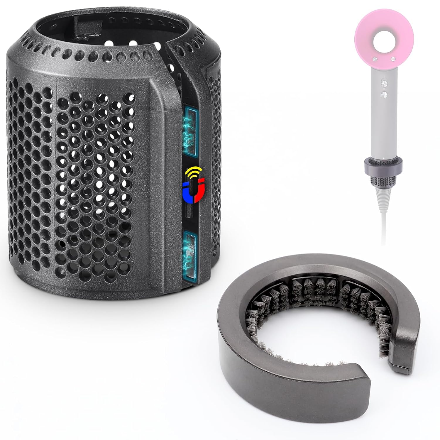 Magnetic Hair Dryer Filter Cover Compatible with Dyson Supersonic HD01 HD03 HD08 HD15 Hairdryer Accessory, Hair Dryer Strainer Filter Attachment with Dusting Brush (Gray)